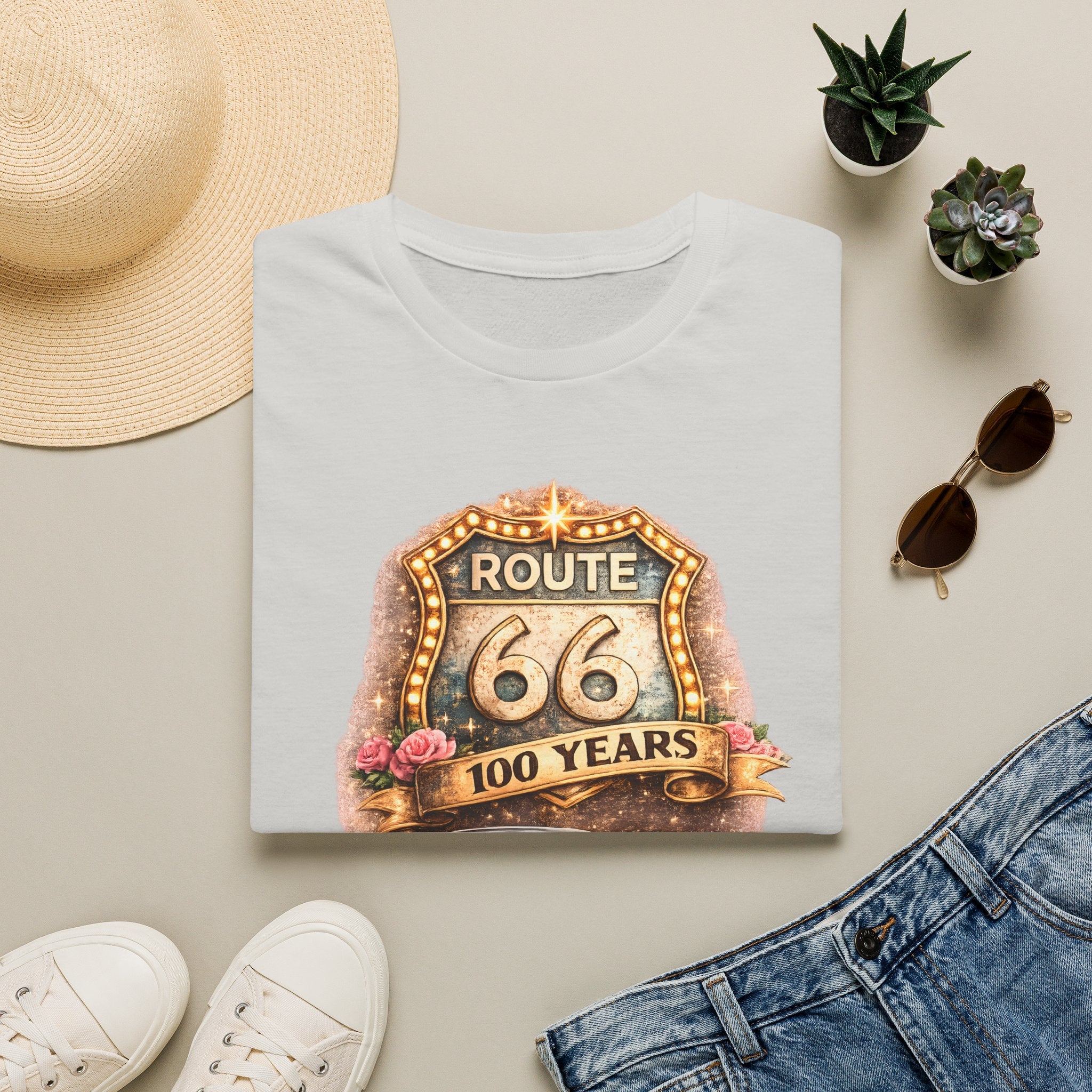 Route 66 100 Years Pink Classic Car T-Shirt | Vintage Road Trip Tee