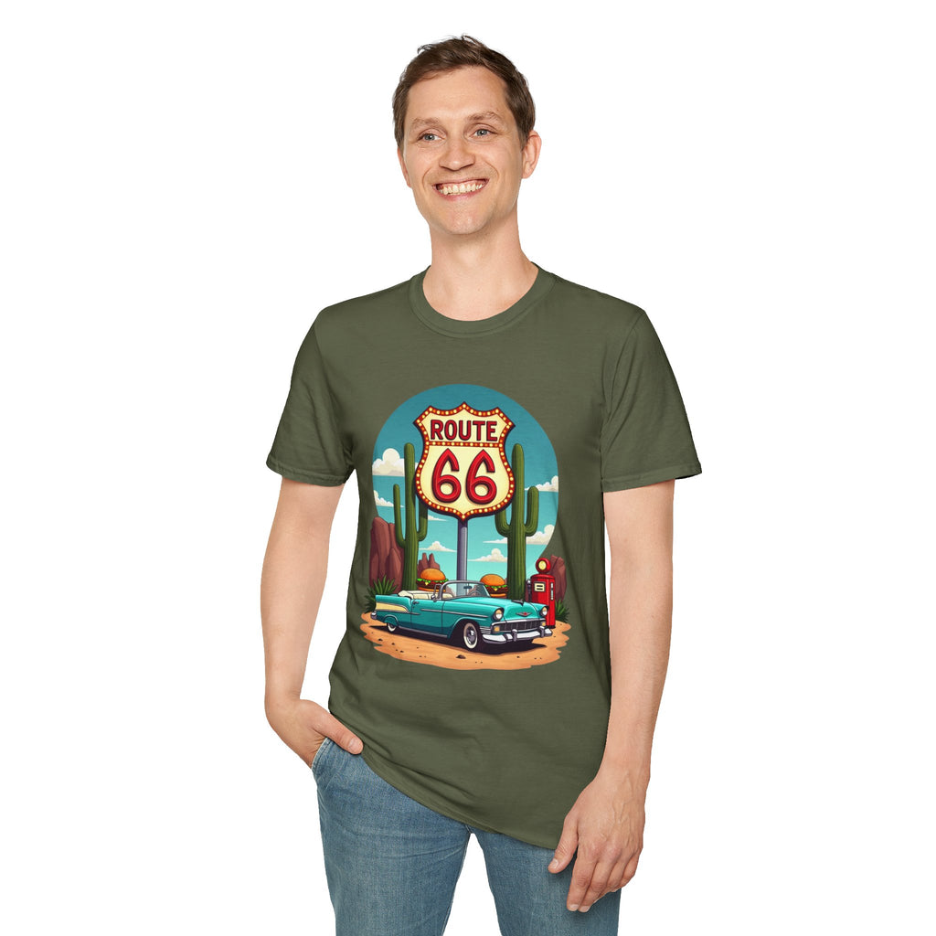Route 66 Classic Car T-Shirt | Retro Desert Road Sign, Vintage Convertible