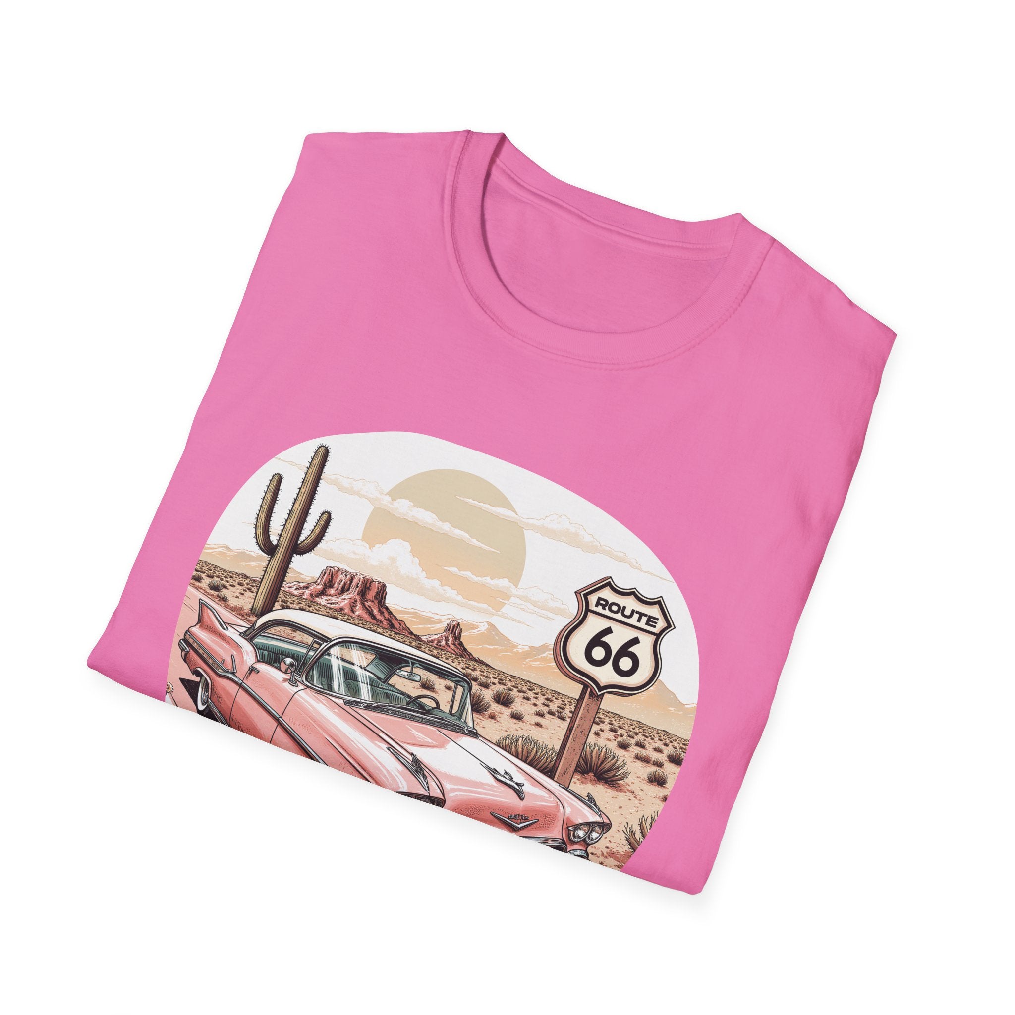 Retro Pink Classic Car Route 66 T-Shirt | Desert Cactus Vintage Roadtrip