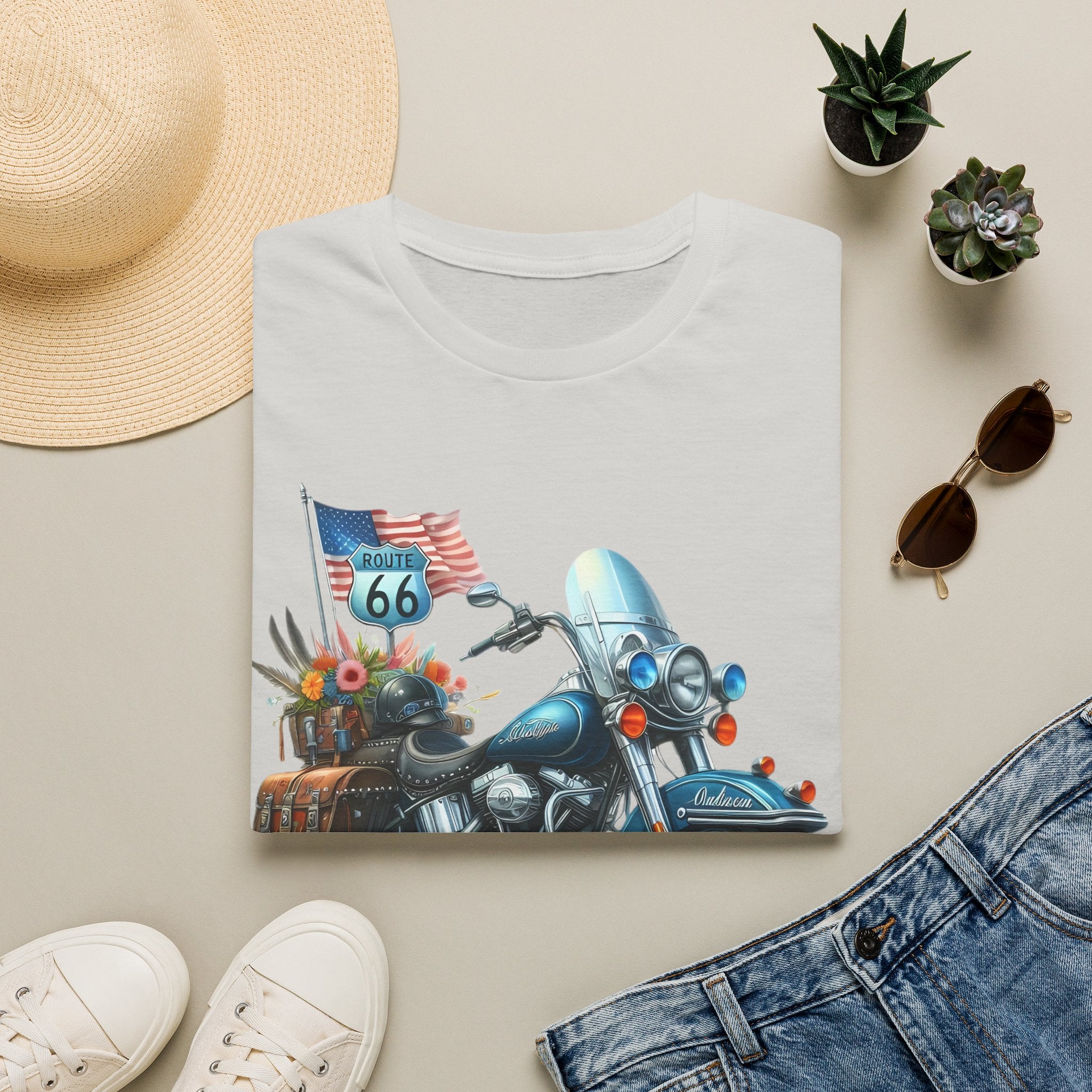 Route 66 Motorcycle Illustration T-Shirt | American Flag, Sunflowers