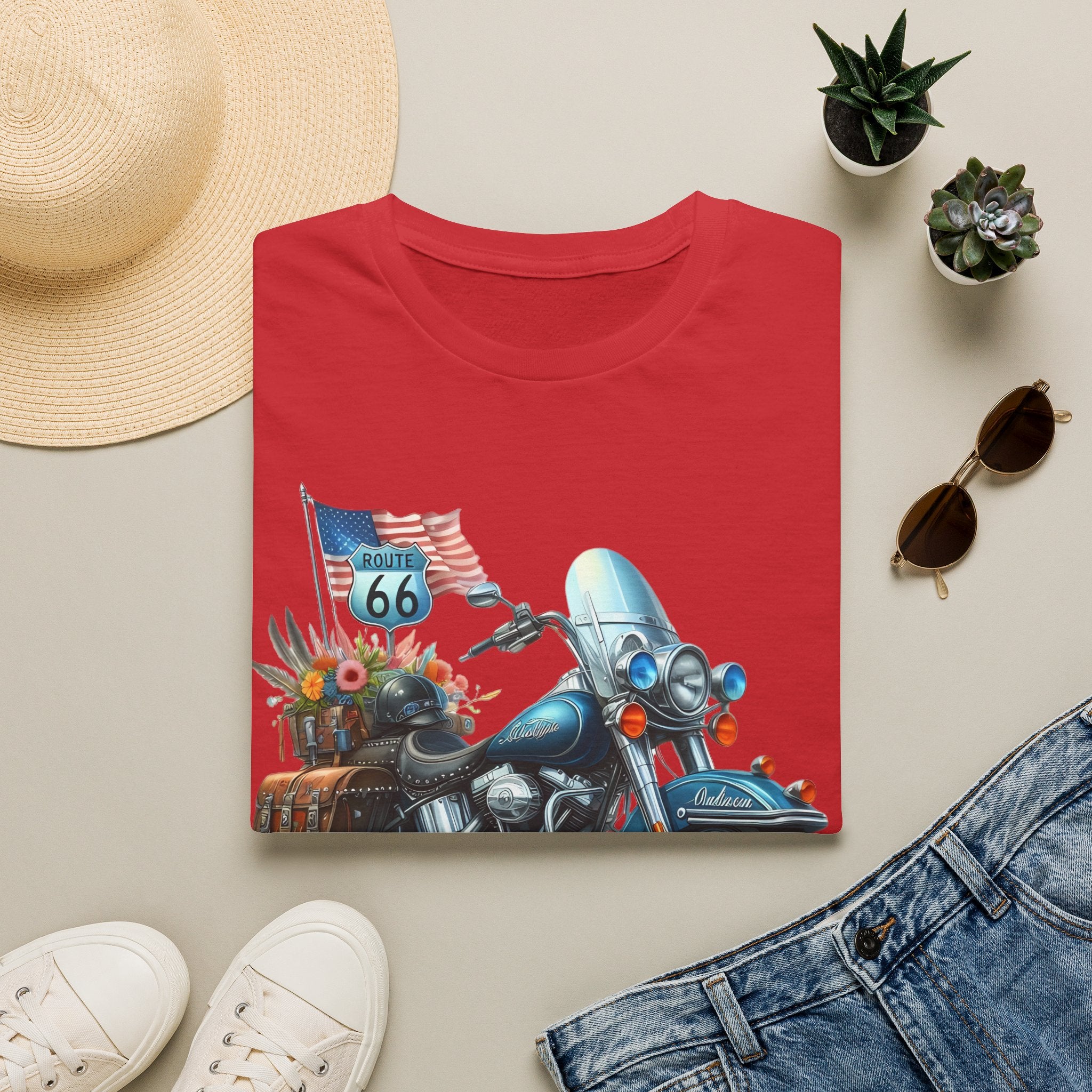 Route 66 Motorcycle Illustration T-Shirt | American Flag, Sunflowers