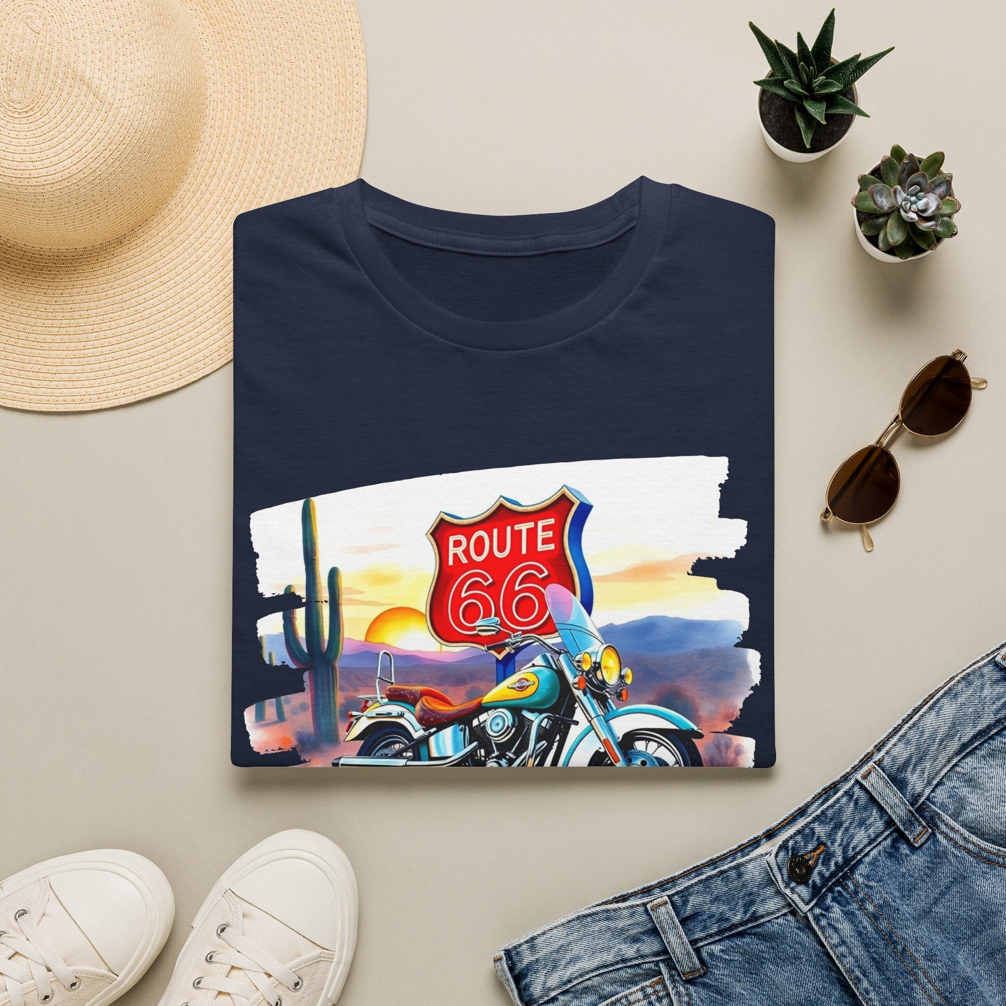 Route 66 Motorcycle T-Shirt | Desert Sunset Biker Graphic