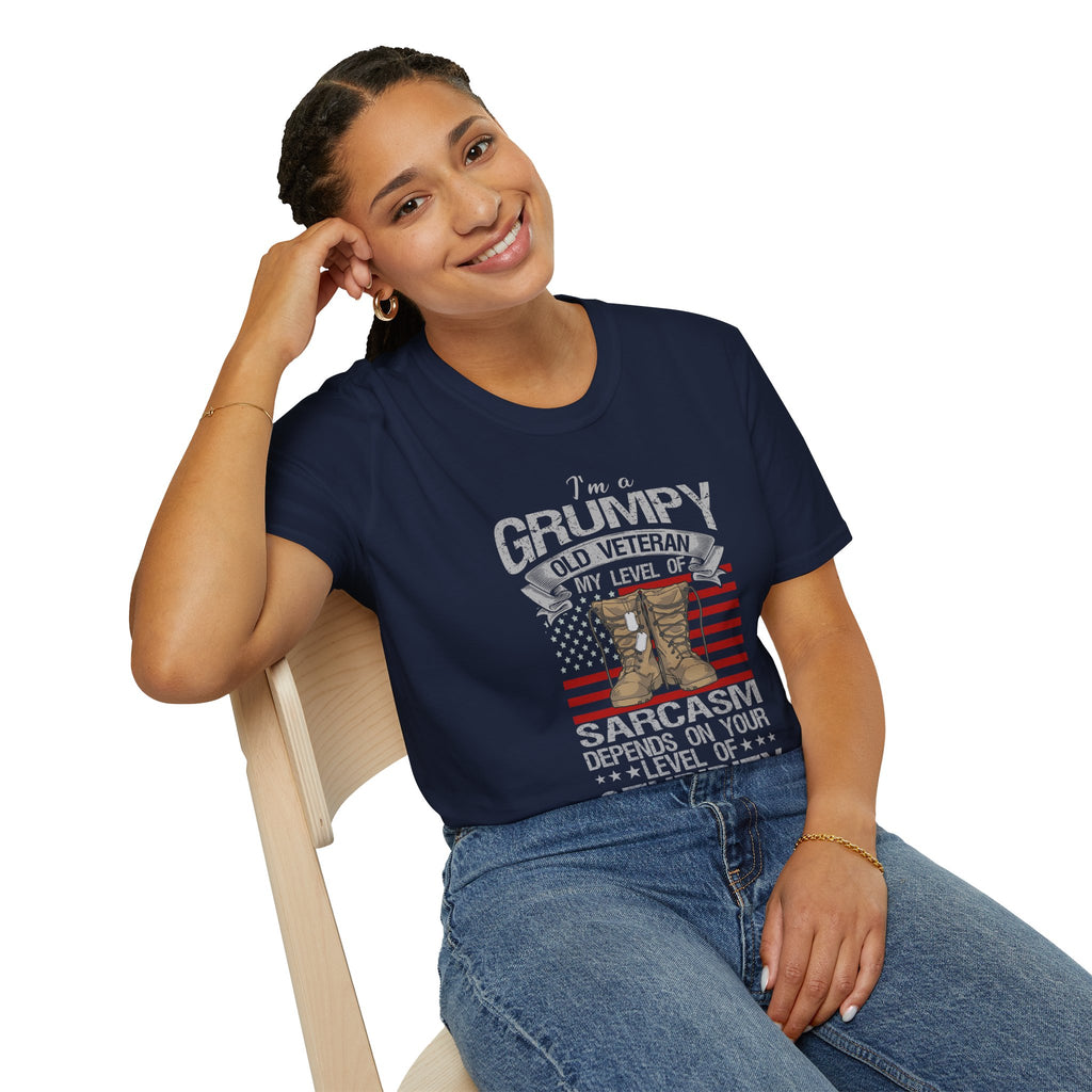 Grumpy Old Veteran Boots, T-Shirt | American Flag, Sarcasm Depends on Stupidity