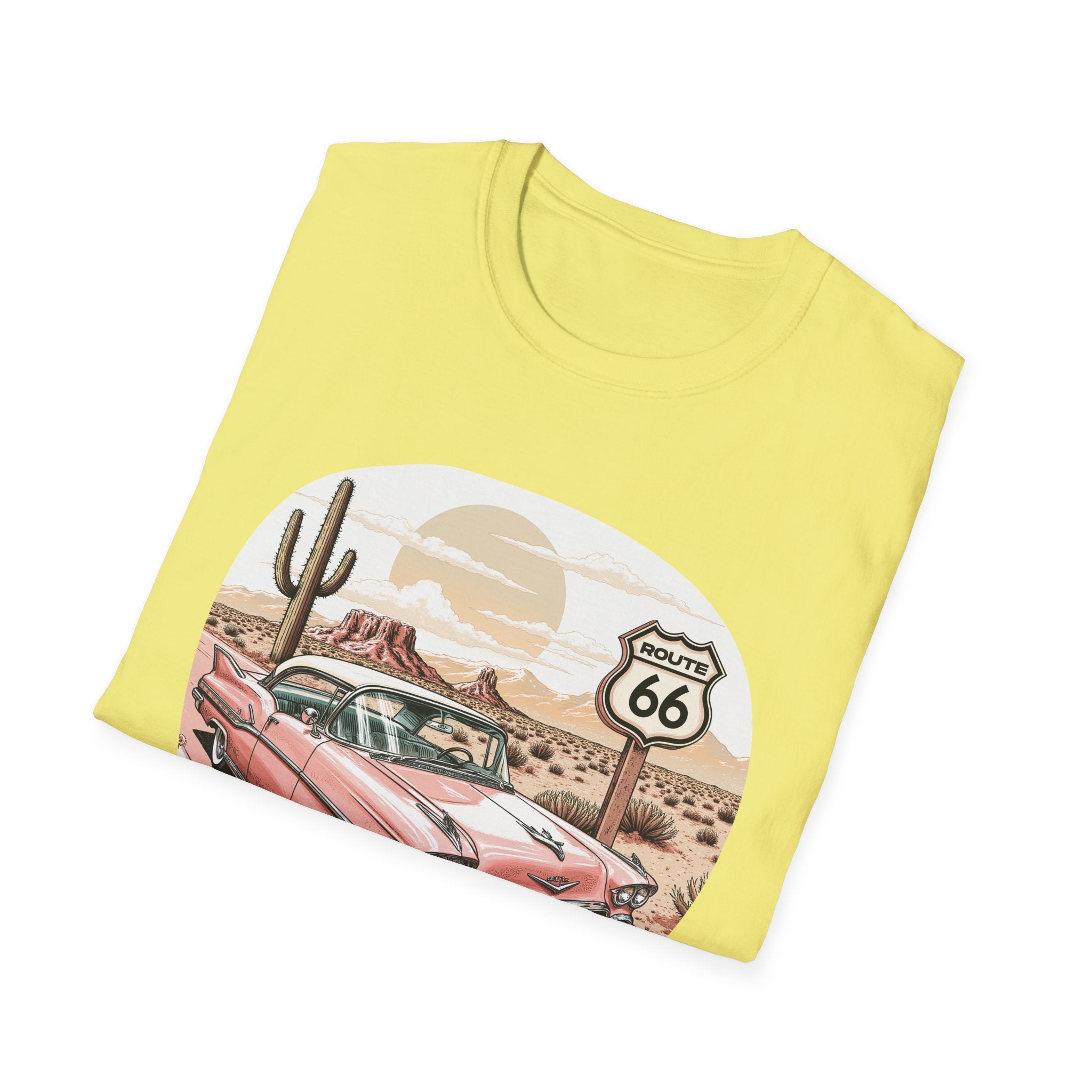 Retro Pink Classic Car Route 66 T-Shirt | Desert Cactus Vintage Roadtrip
