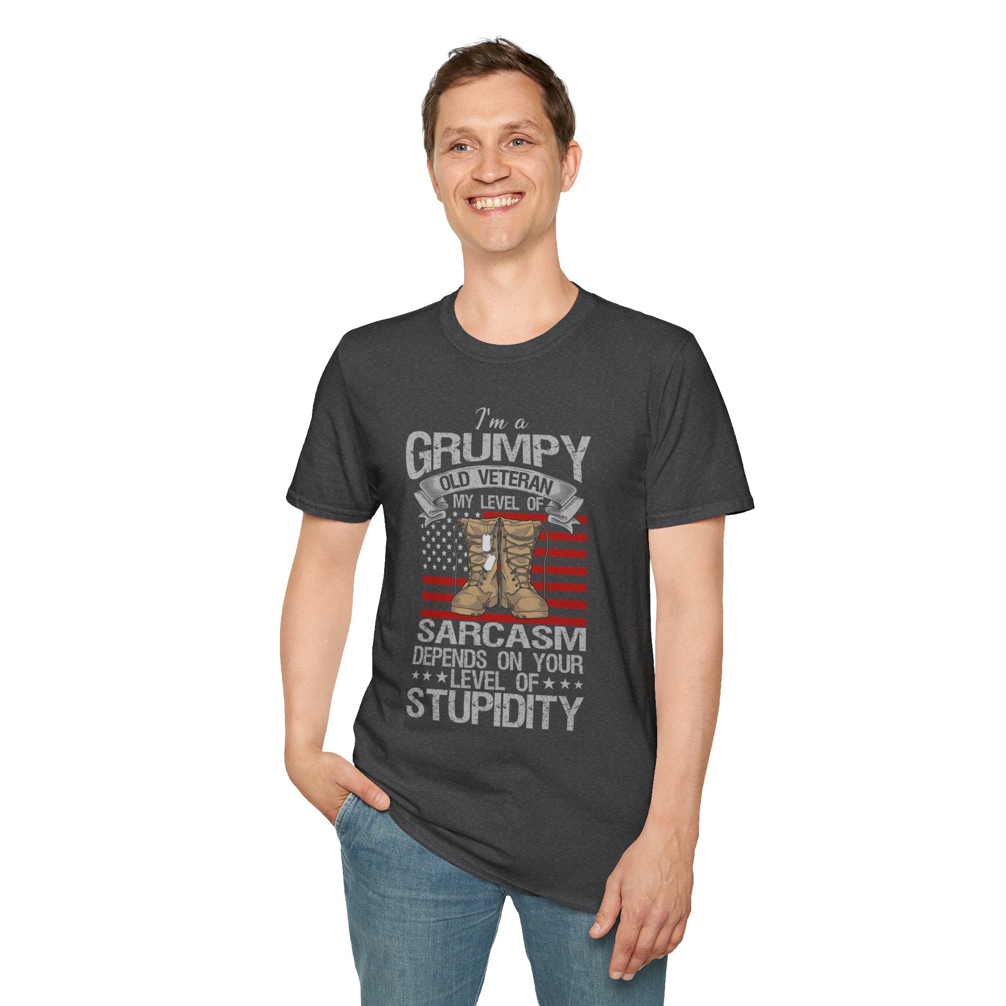 Grumpy Old Veteran Boots, T-Shirt | American Flag, Sarcasm Depends on Stupidity
