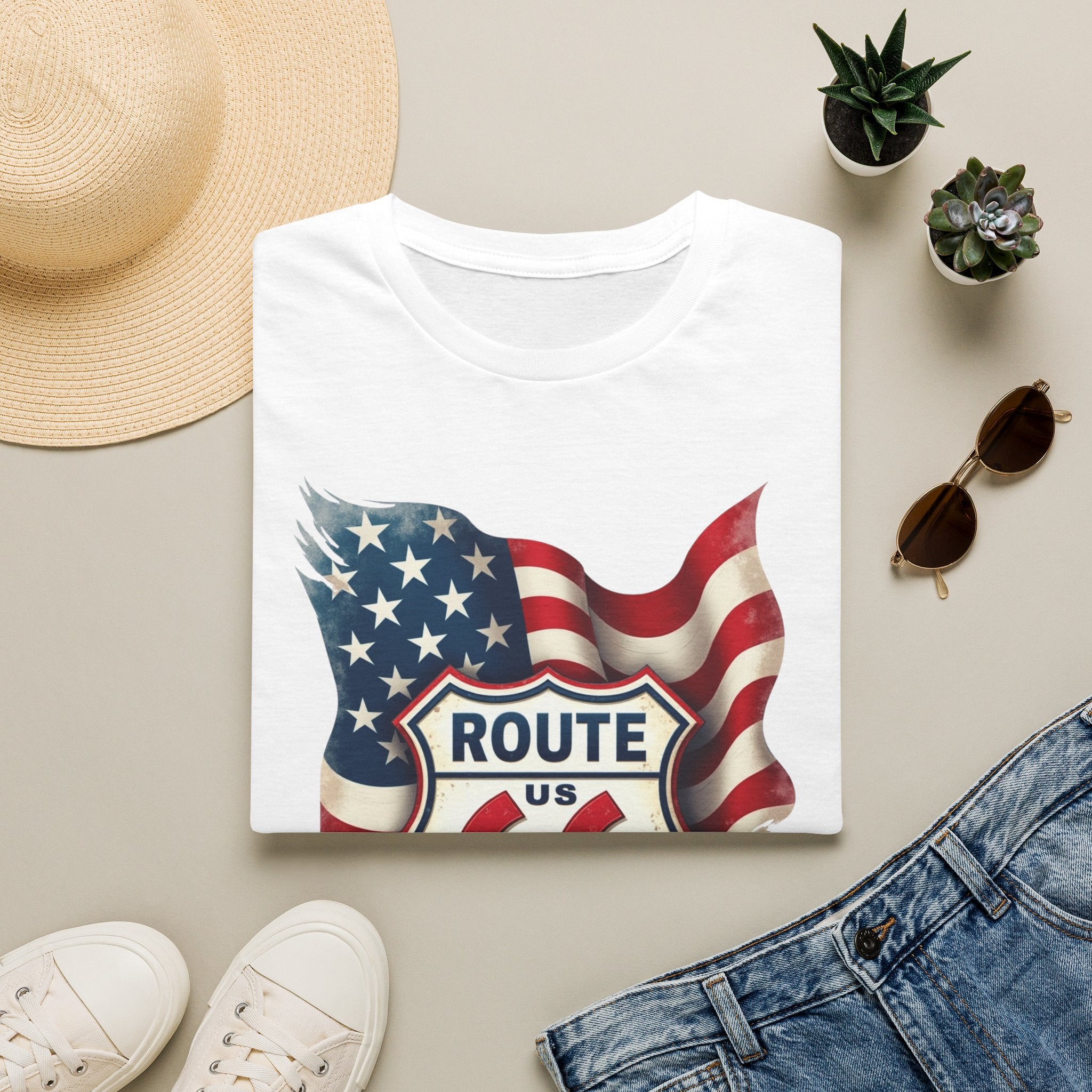 Route 66 Shield with American Flag T-Shirt | Vintage Road Trip Tee