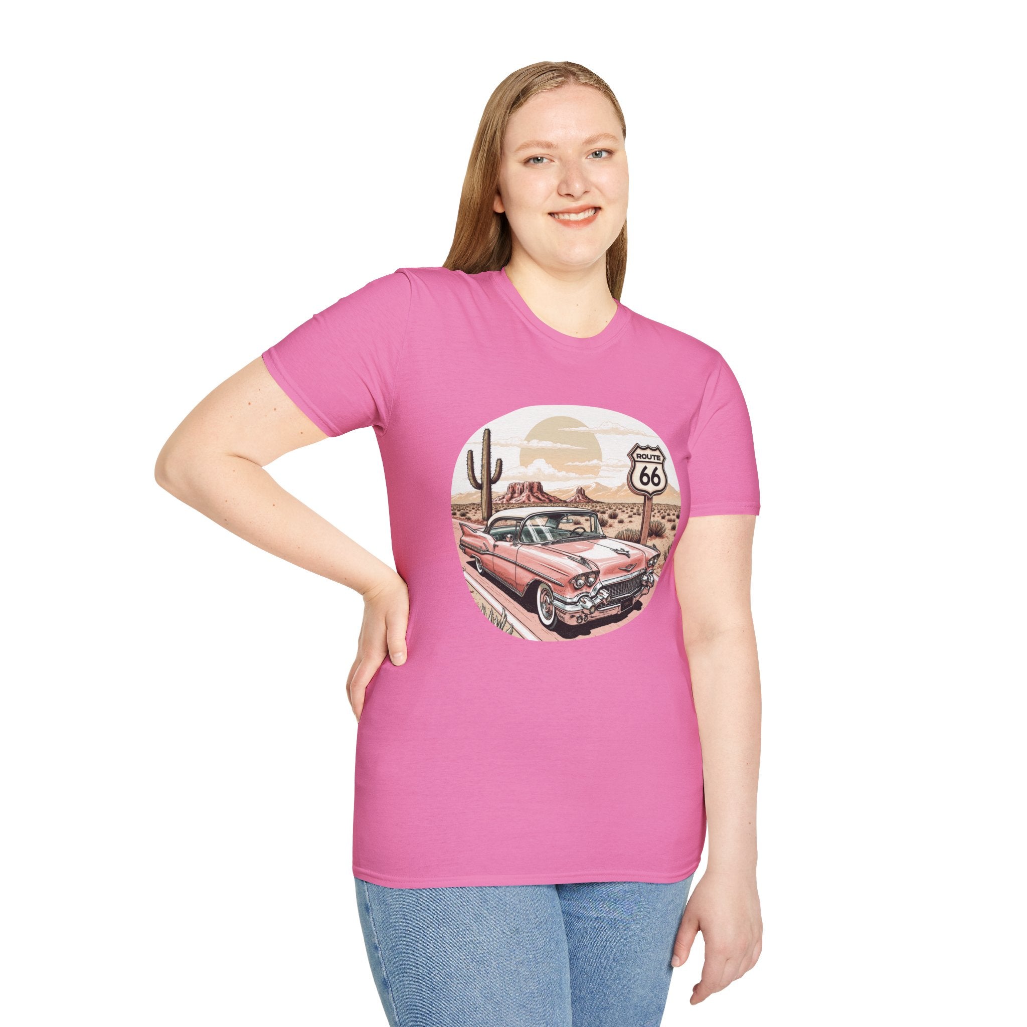 Retro Pink Classic Car Route 66 T-Shirt | Desert Cactus Vintage Roadtrip