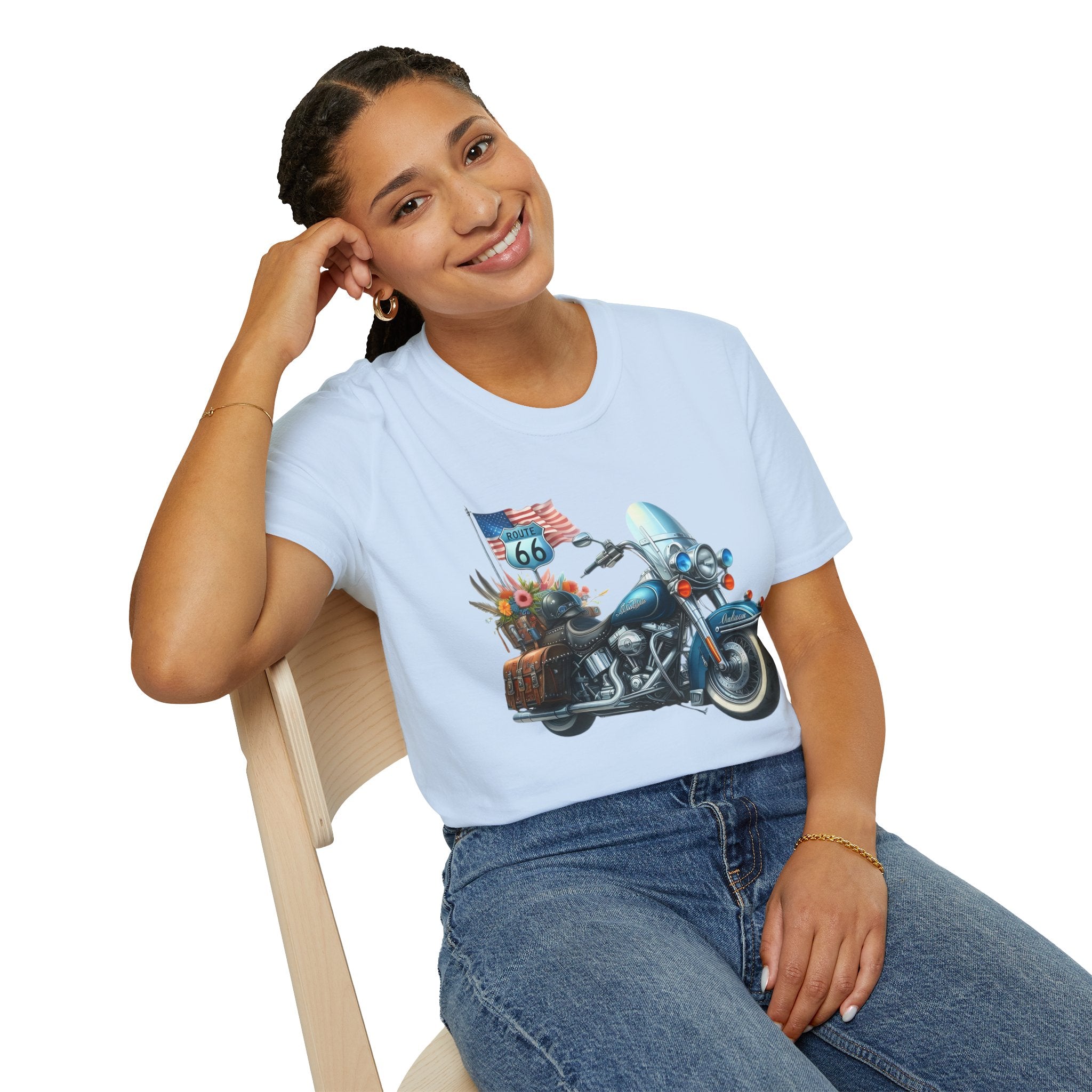 Route 66 Motorcycle Illustration T-Shirt | American Flag, Sunflowers