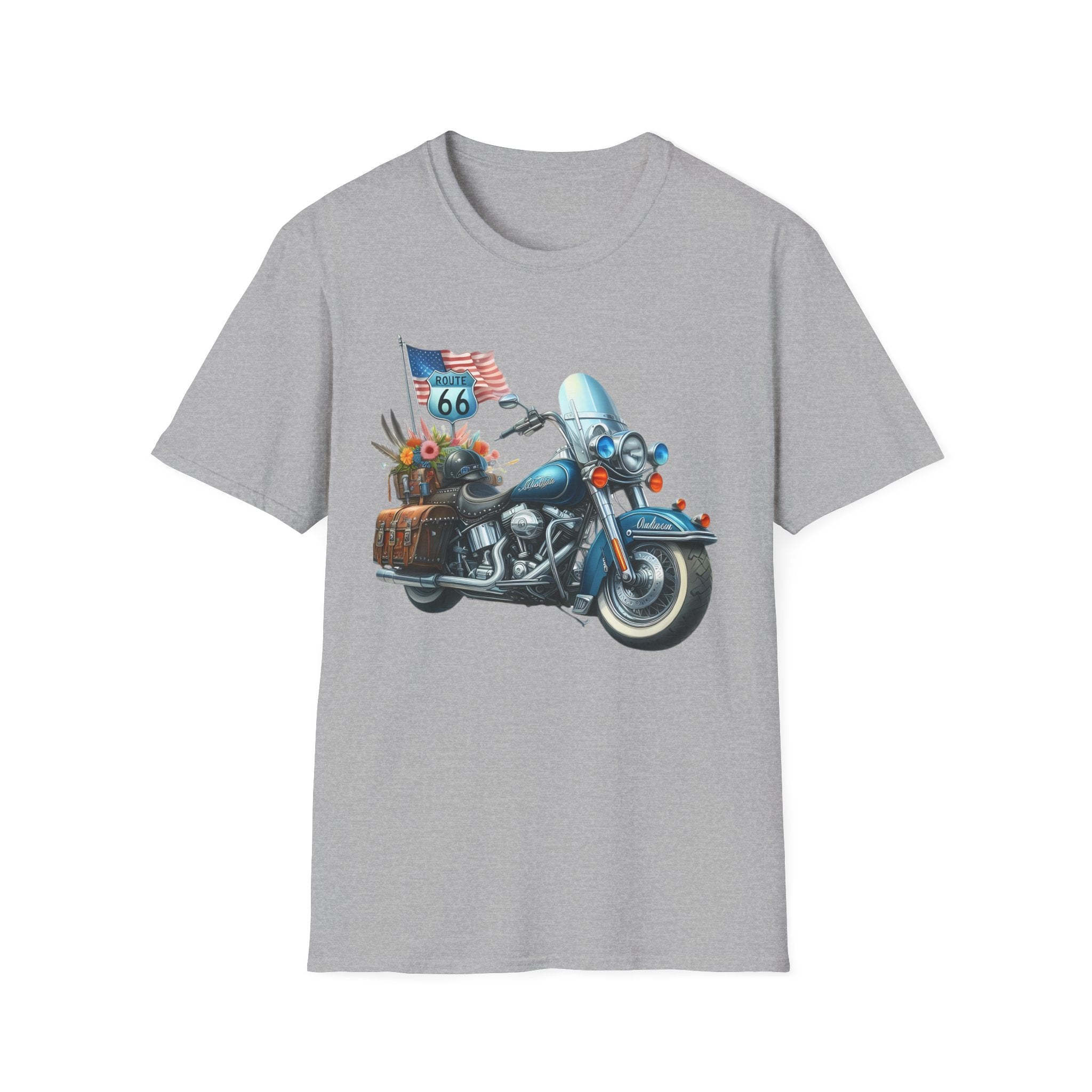 Route 66 Motorcycle Illustration T-Shirt | American Flag, Sunflowers