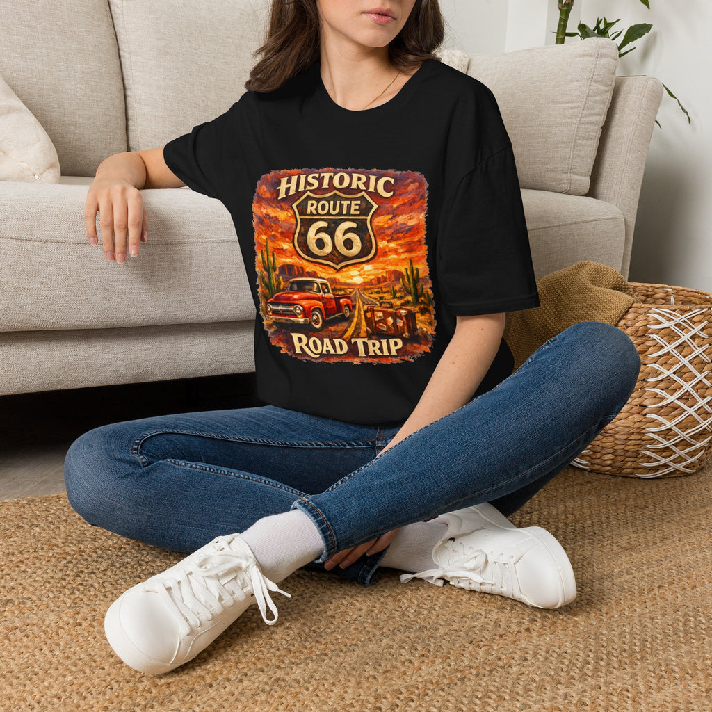 Historic Route 66 Road Trip T-Shirt | Vintage Car Desert Sunset