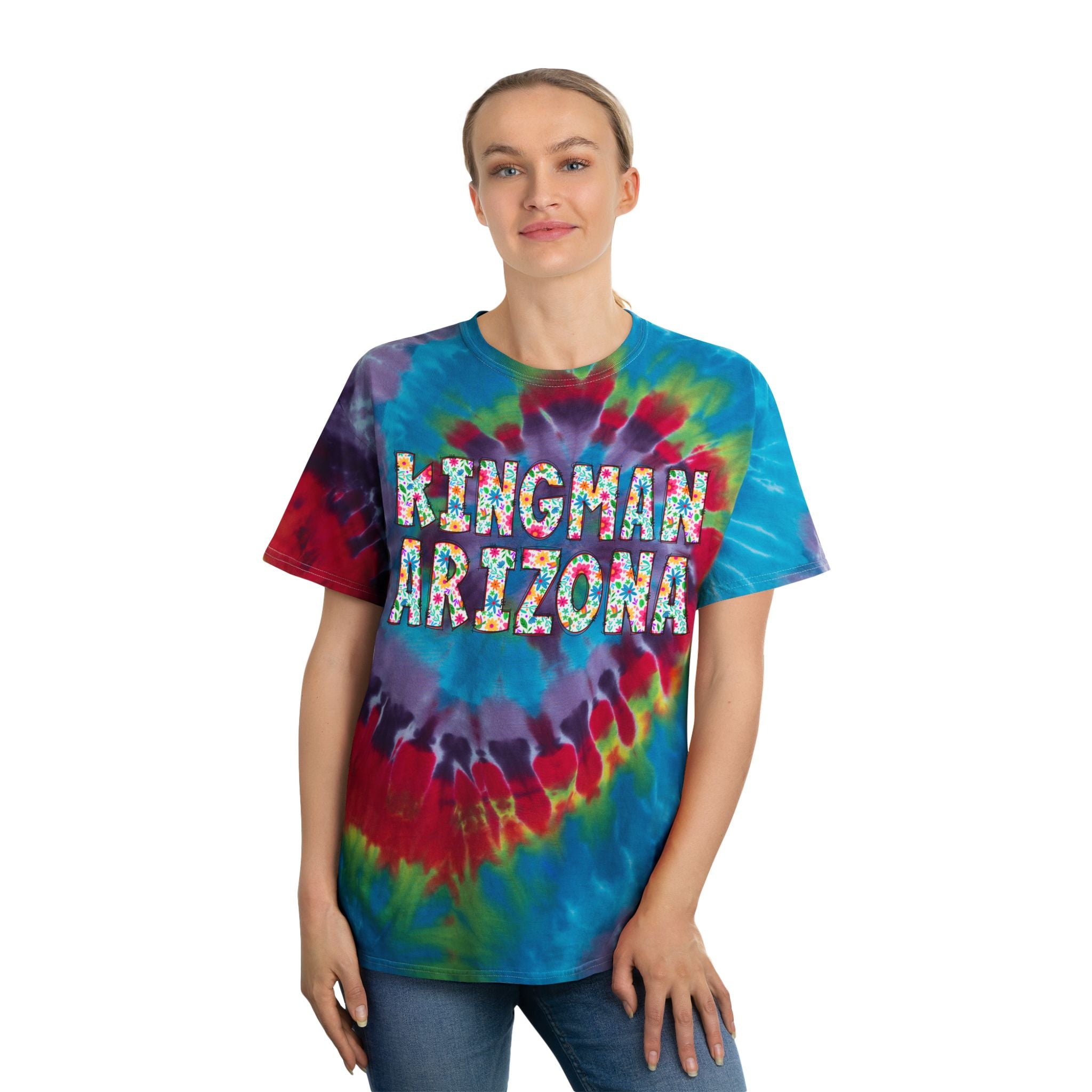 Colorful Tie-Dye Tee with 'Kingman Arizona' Design, Summer Vibe, Perfect for Festivals, Gifts, Beach Days, Casual Wear