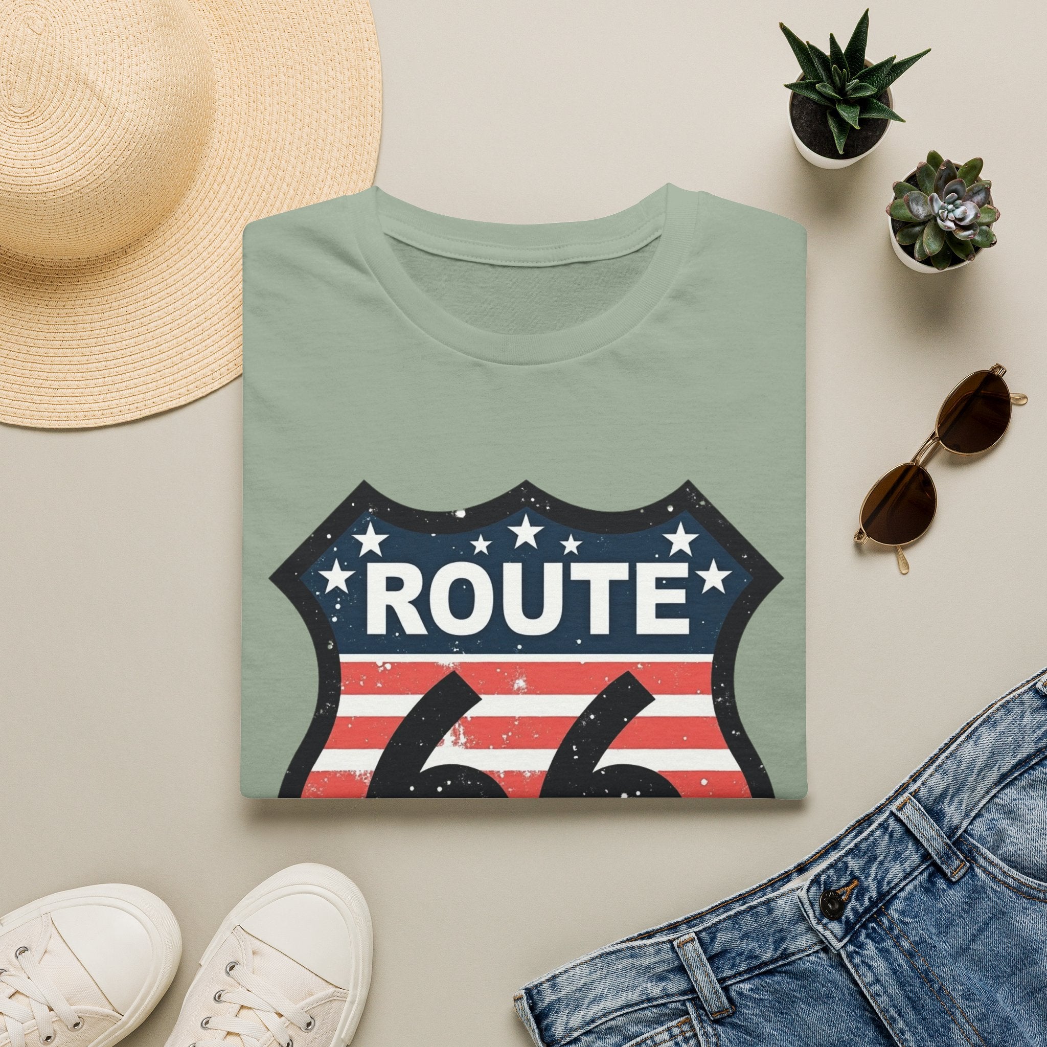 Route 66 Shield T-Shirt | American Flag Vintage Road Sign