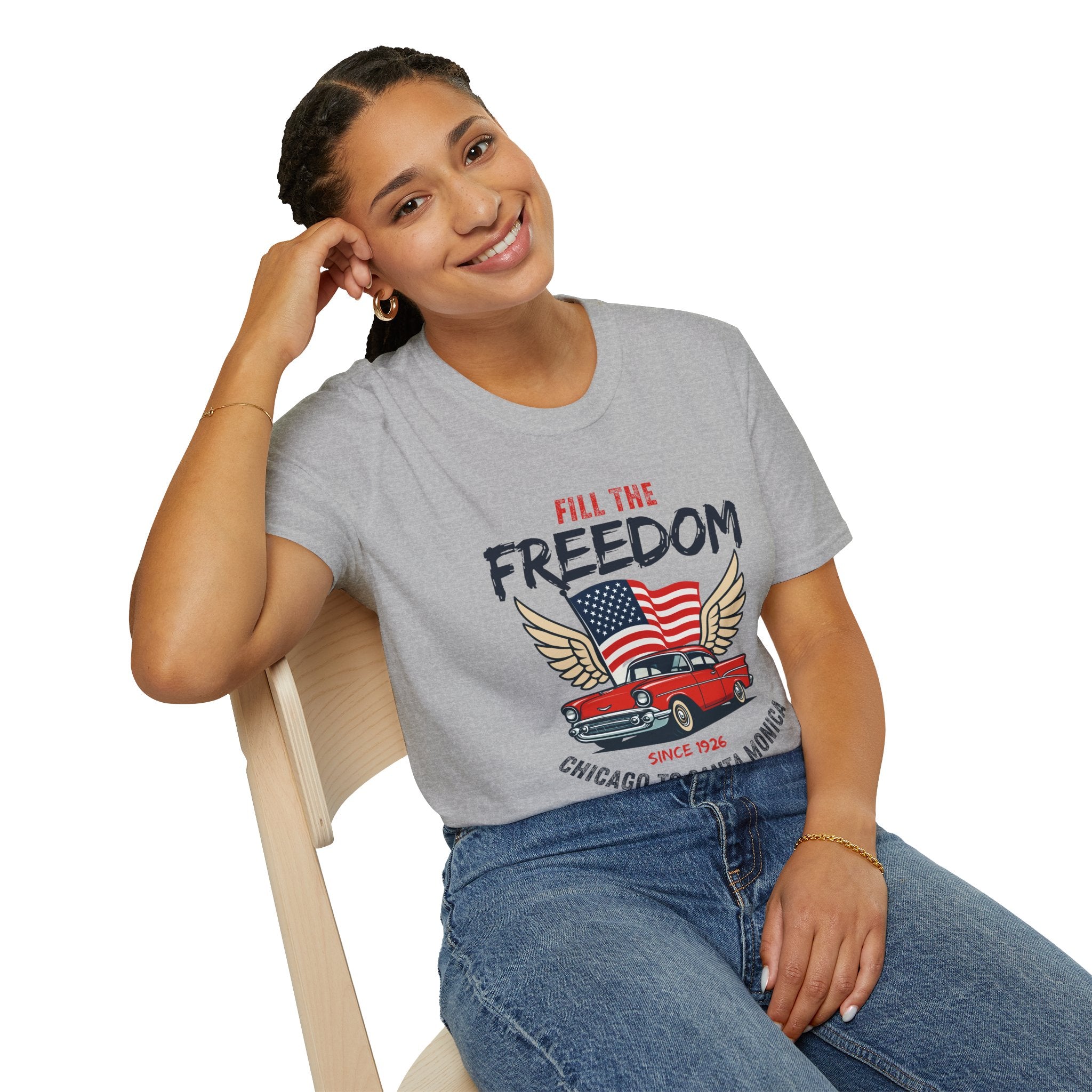 Fill the Freedom Vintage Car T-Shirt | American Flag Wings Chicago to Santa Monica Route 66