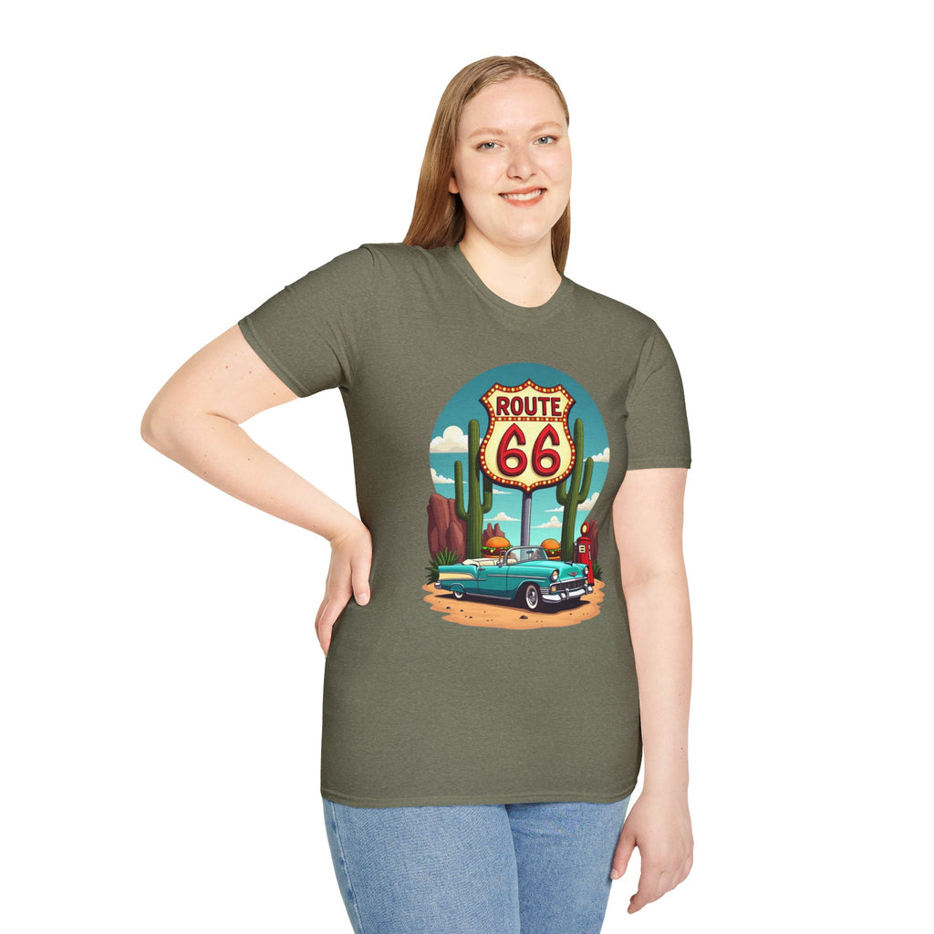 Route 66 Classic Car T-Shirt | Retro Desert Road Sign, Vintage Convertible