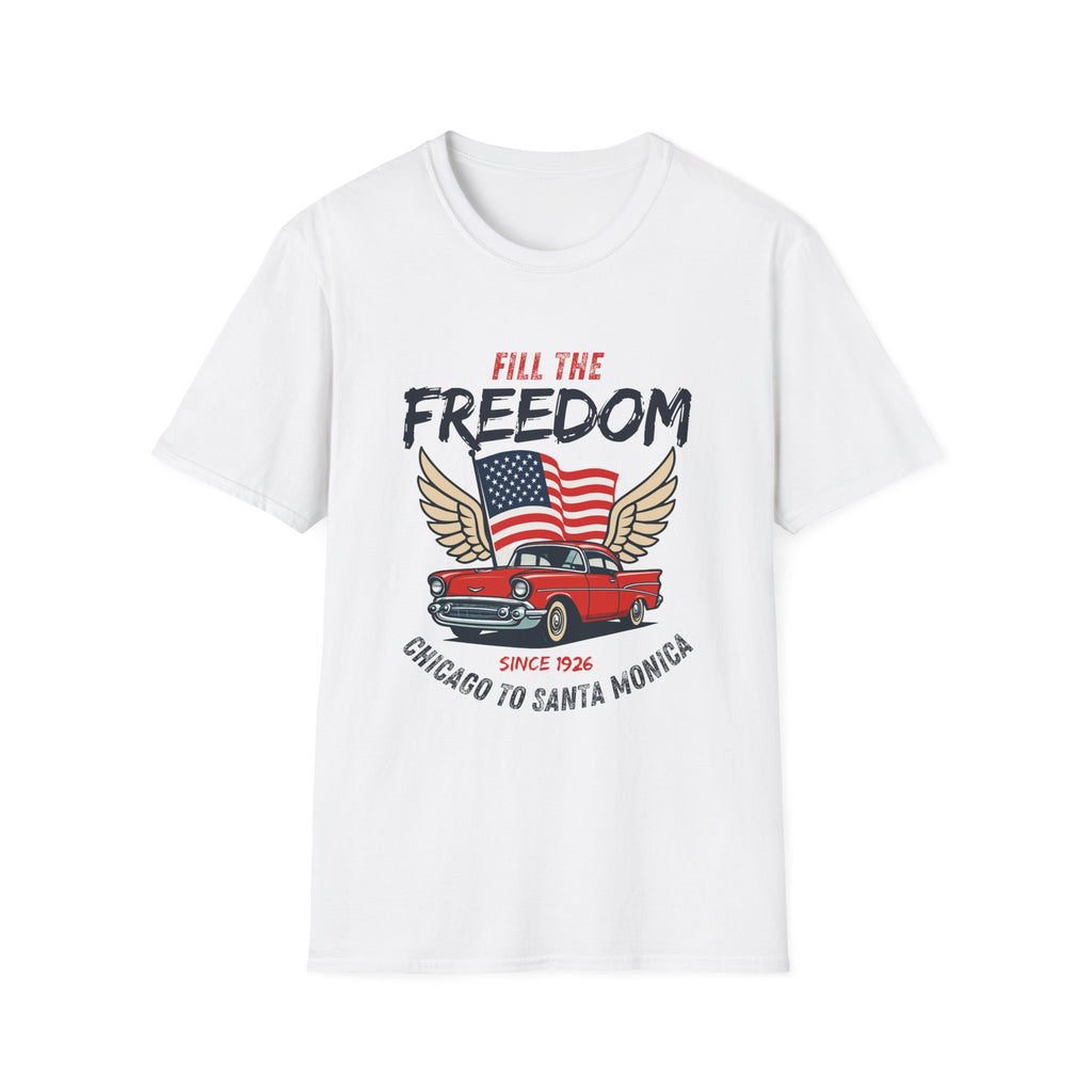 Fill the Freedom Vintage Car T-Shirt | American Flag Wings Chicago to Santa Monica Route 66