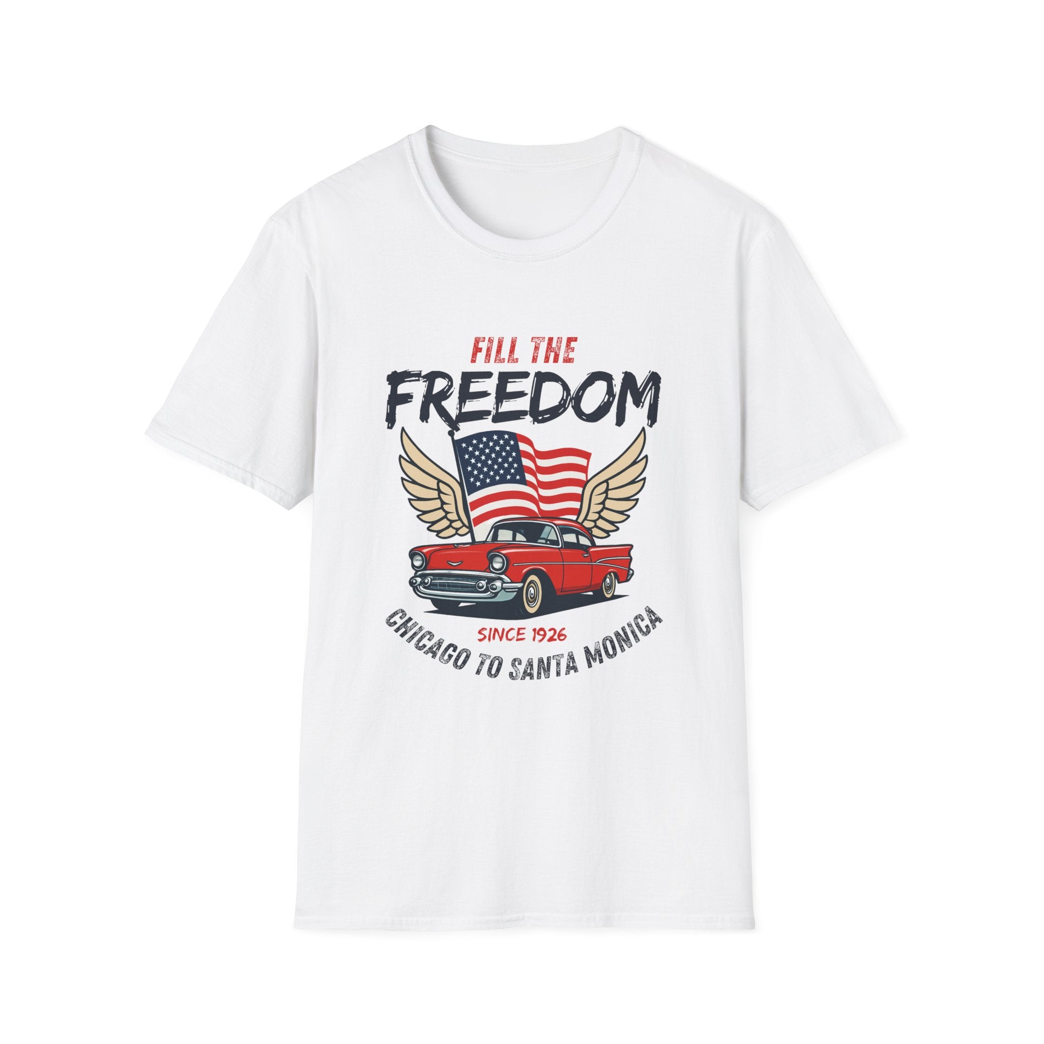 Fill the Freedom Vintage Car T-Shirt | American Flag Wings Chicago to Santa Monica