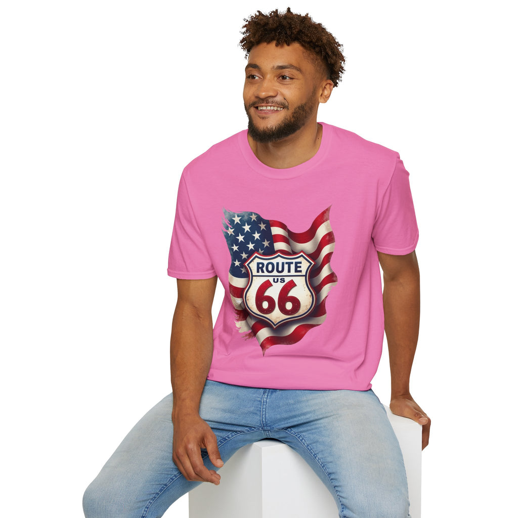 Route 66 Shield with American Flag T-Shirt | Vintage Road Trip Tee