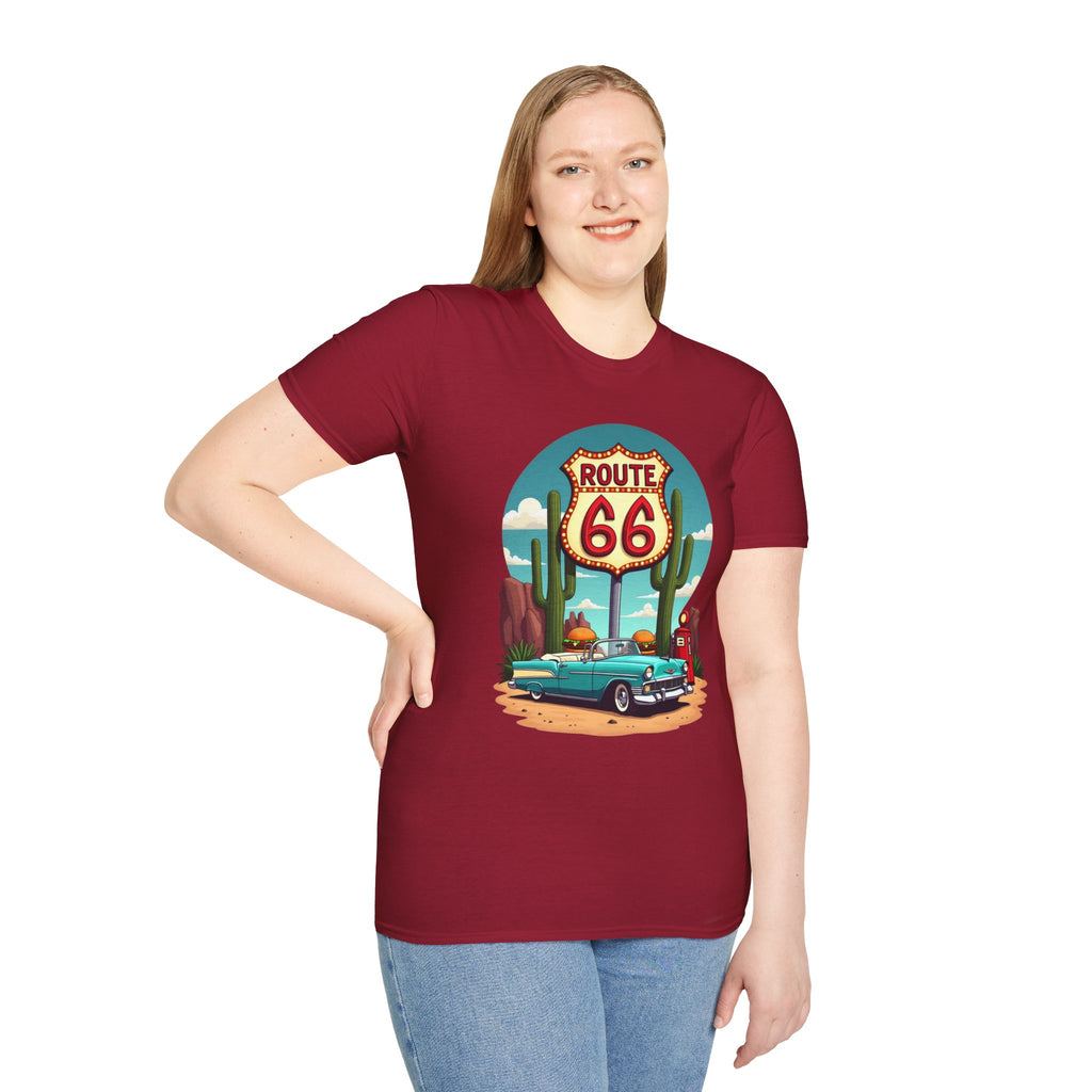 Route 66 Classic Car T-Shirt | Retro Desert Road Sign, Vintage Convertible
