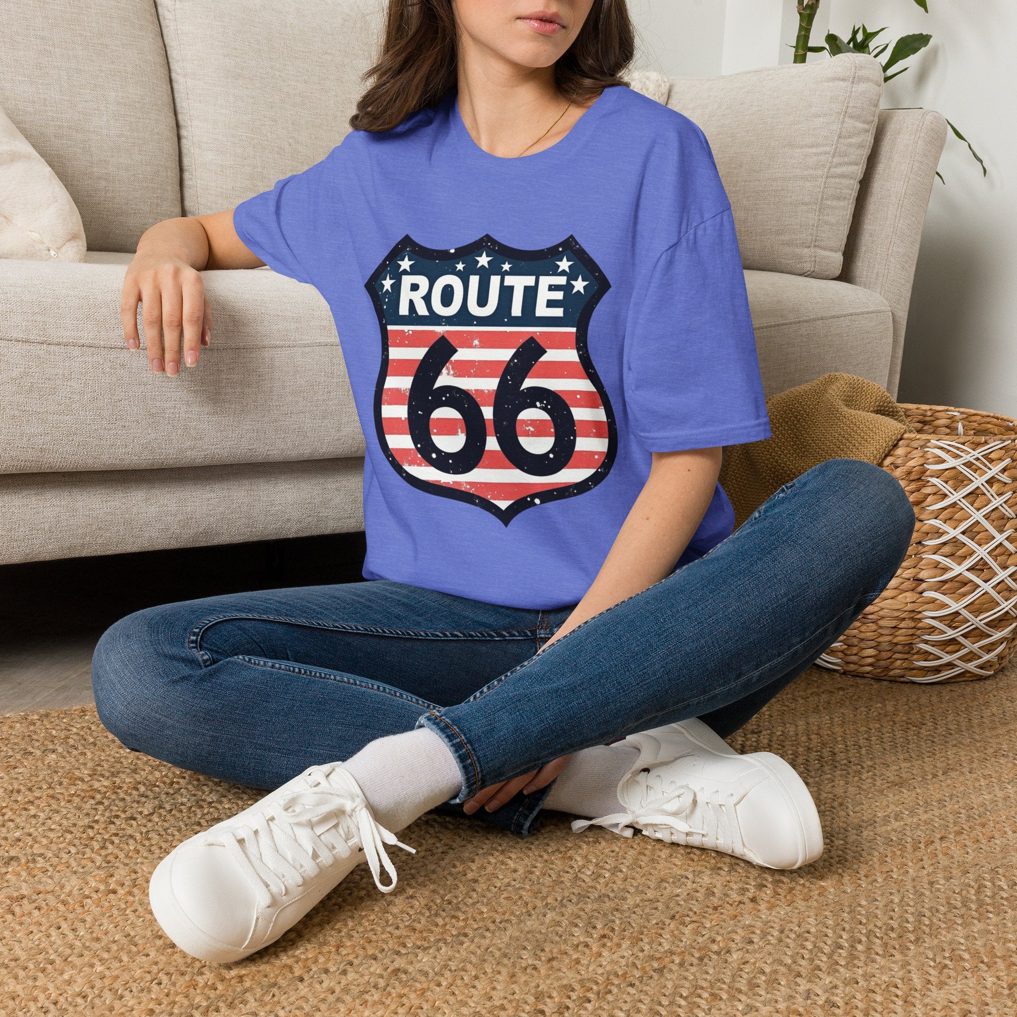 Route 66 Shield T-Shirt | American Flag Vintage Road Sign