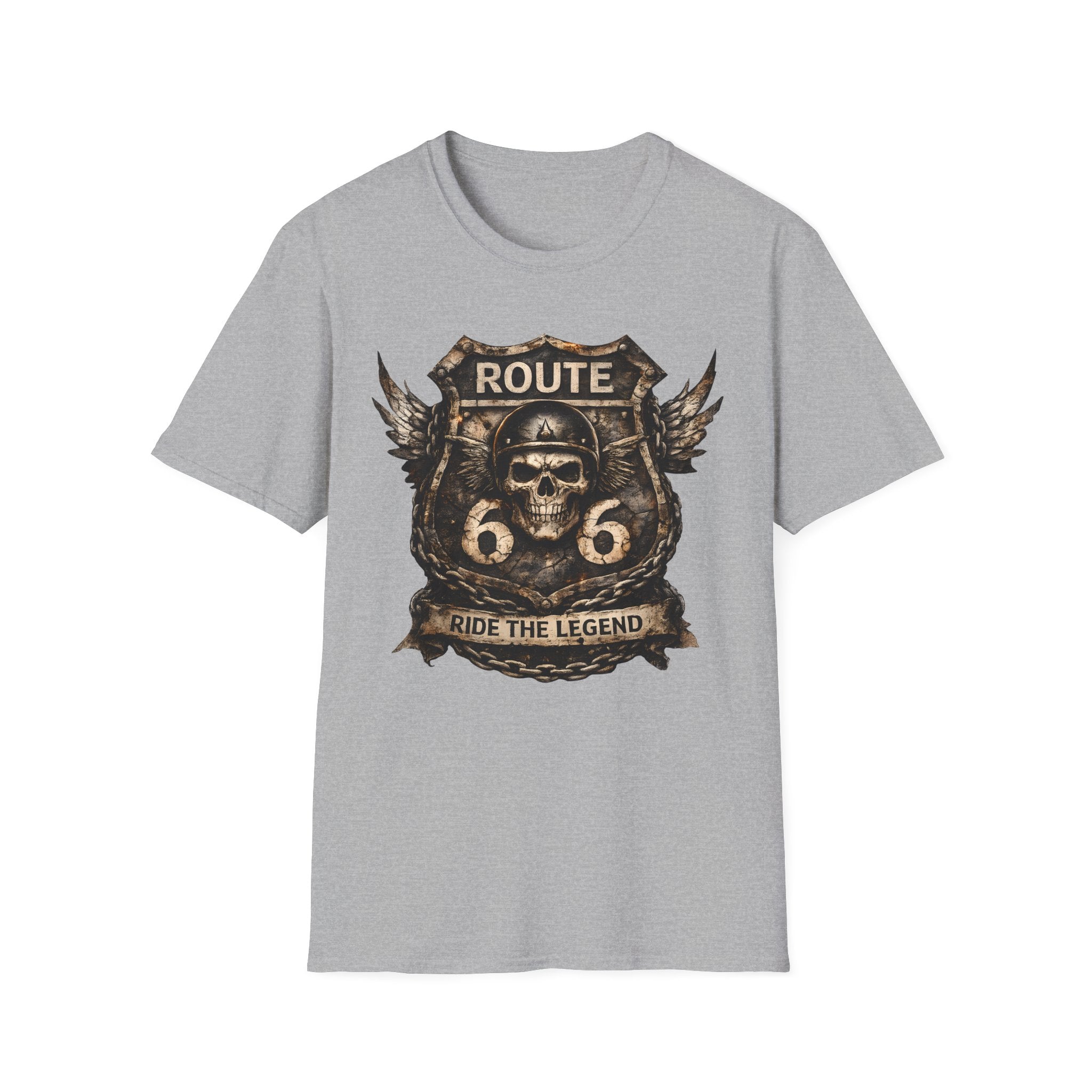 Route 66 Skull Badge T-Shirt | Ride the Legend, Winged Helmet Motorcycle Design