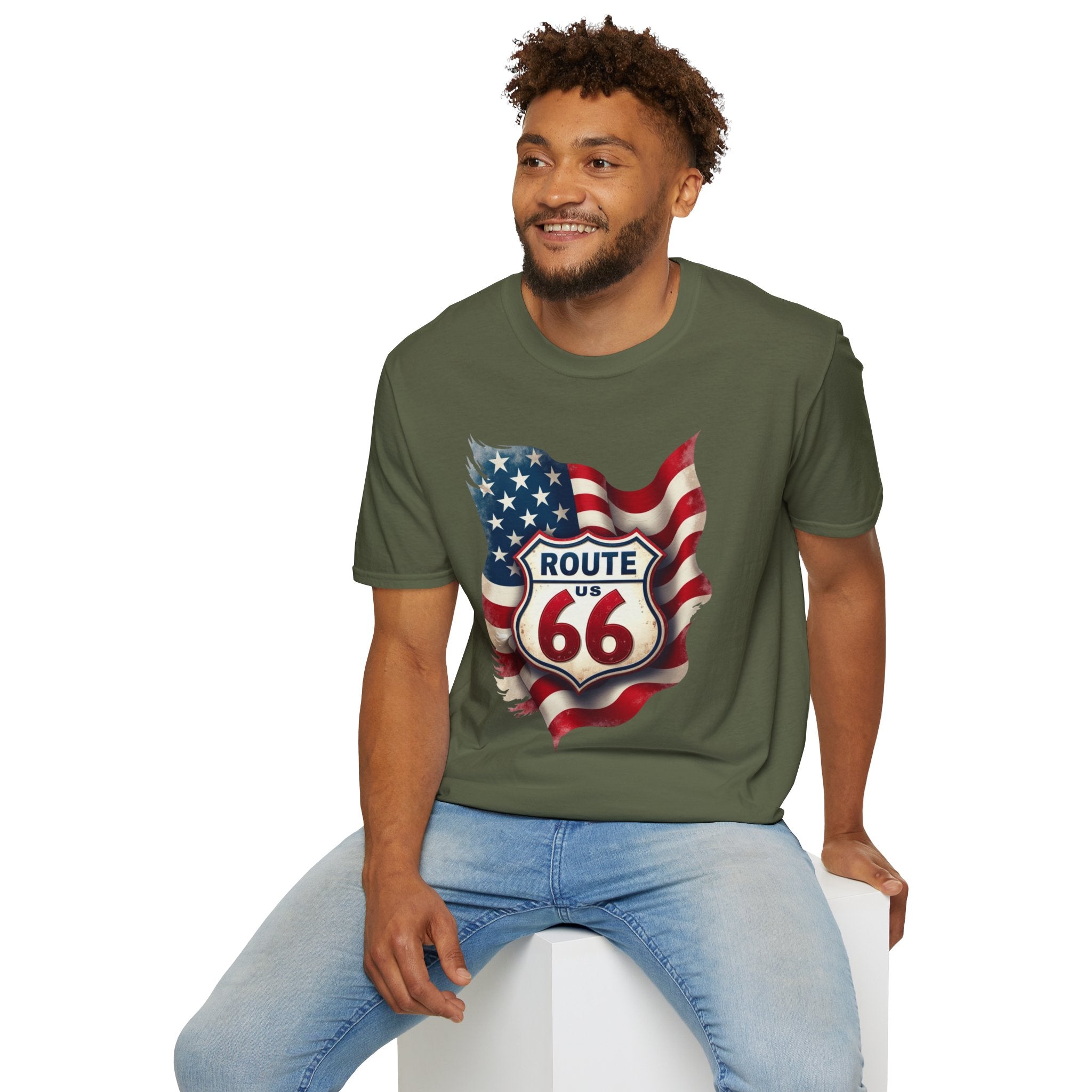 Route 66 Shield with American Flag T-Shirt | Vintage Road Trip Tee