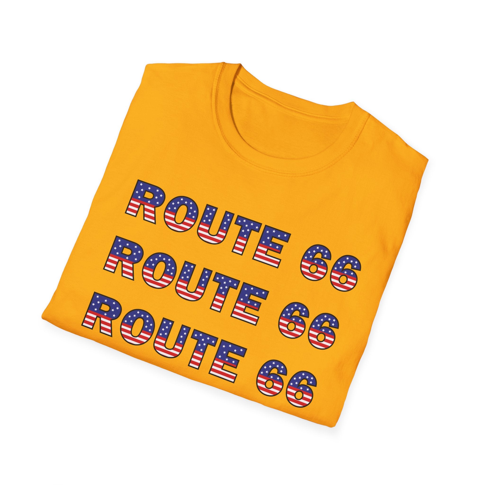 Route 66 Retro Text T-Shirt | American Flag Roadtrip Graphic