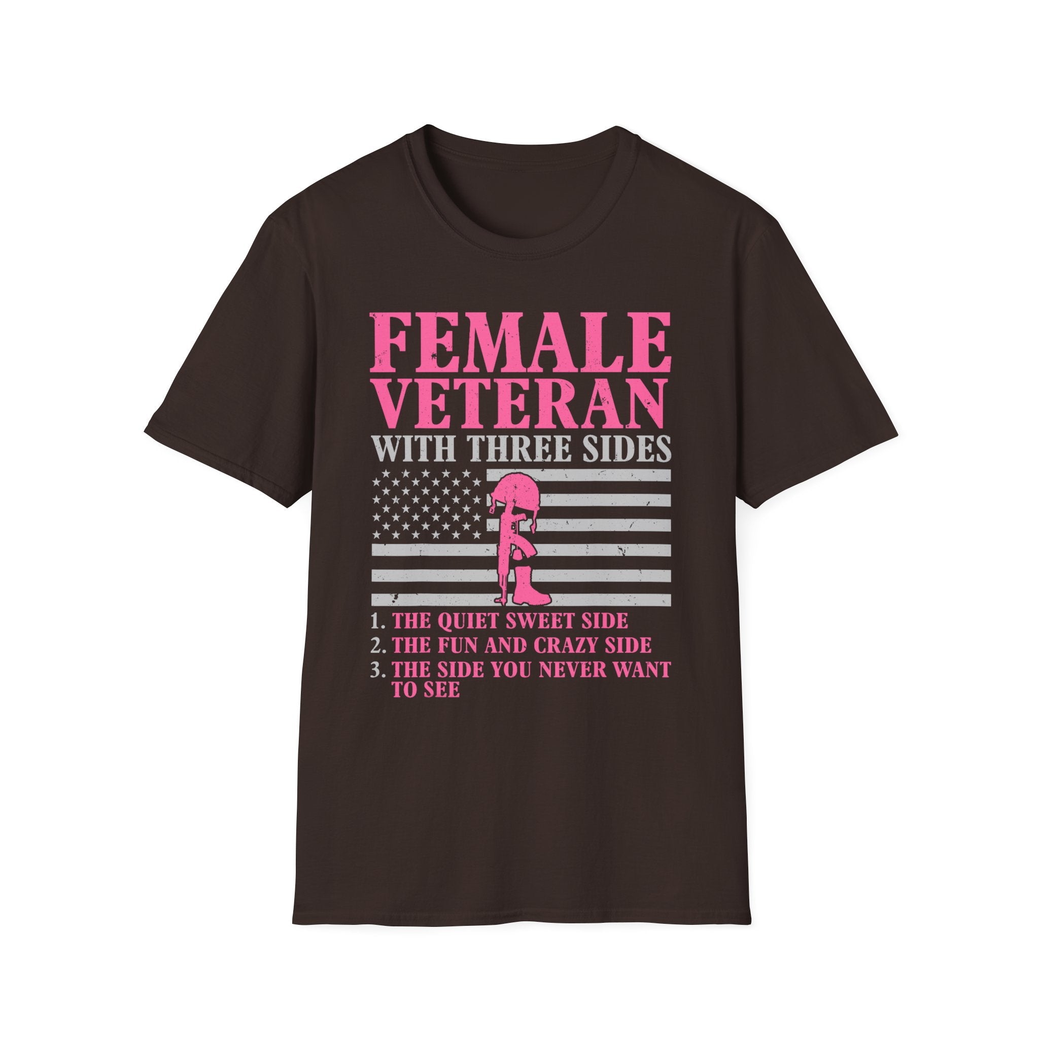 Female Veteran with Three Sides T-Shirt | American Flag, Pink Helmet, Military Pride