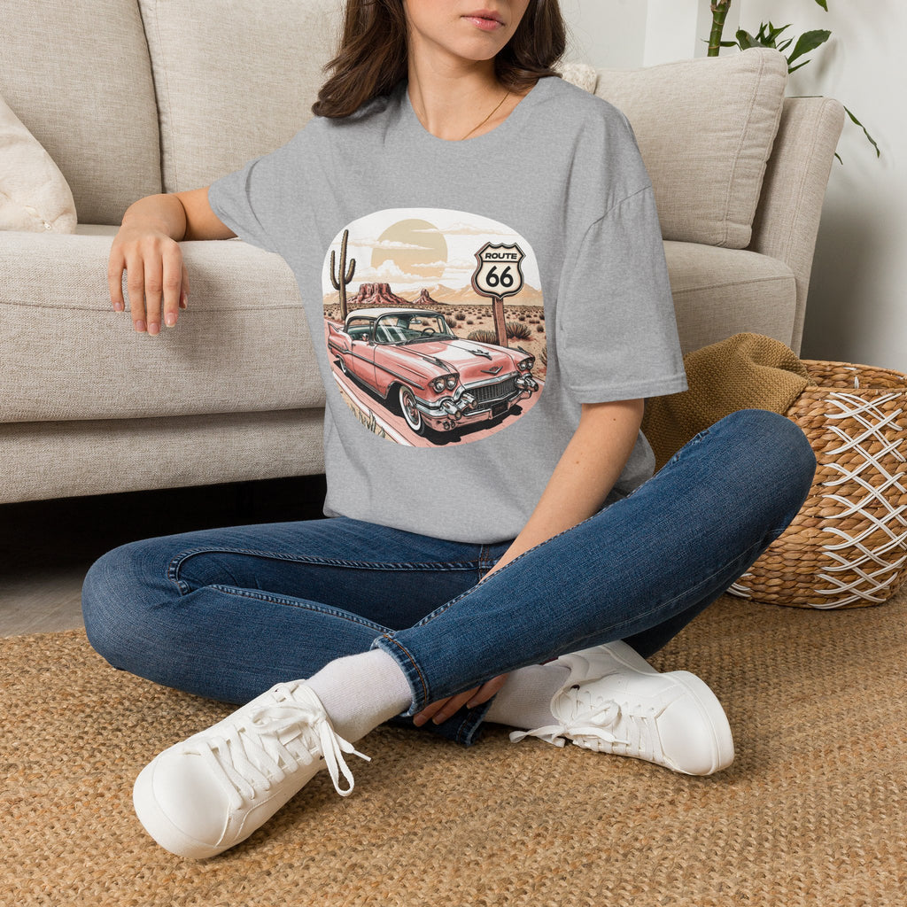 Retro Pink Classic Car Route 66 T-Shirt | Desert Cactus Vintage Roadtrip