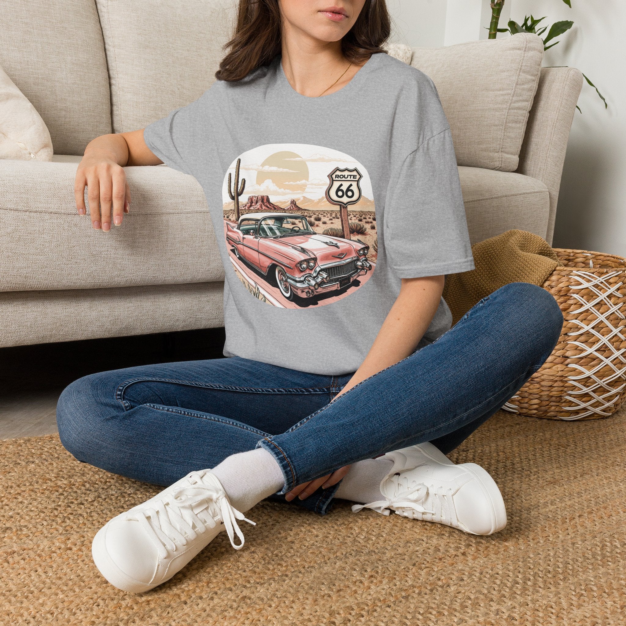 Retro Pink Classic Car Route 66 T-Shirt | Desert Cactus Vintage Roadtrip