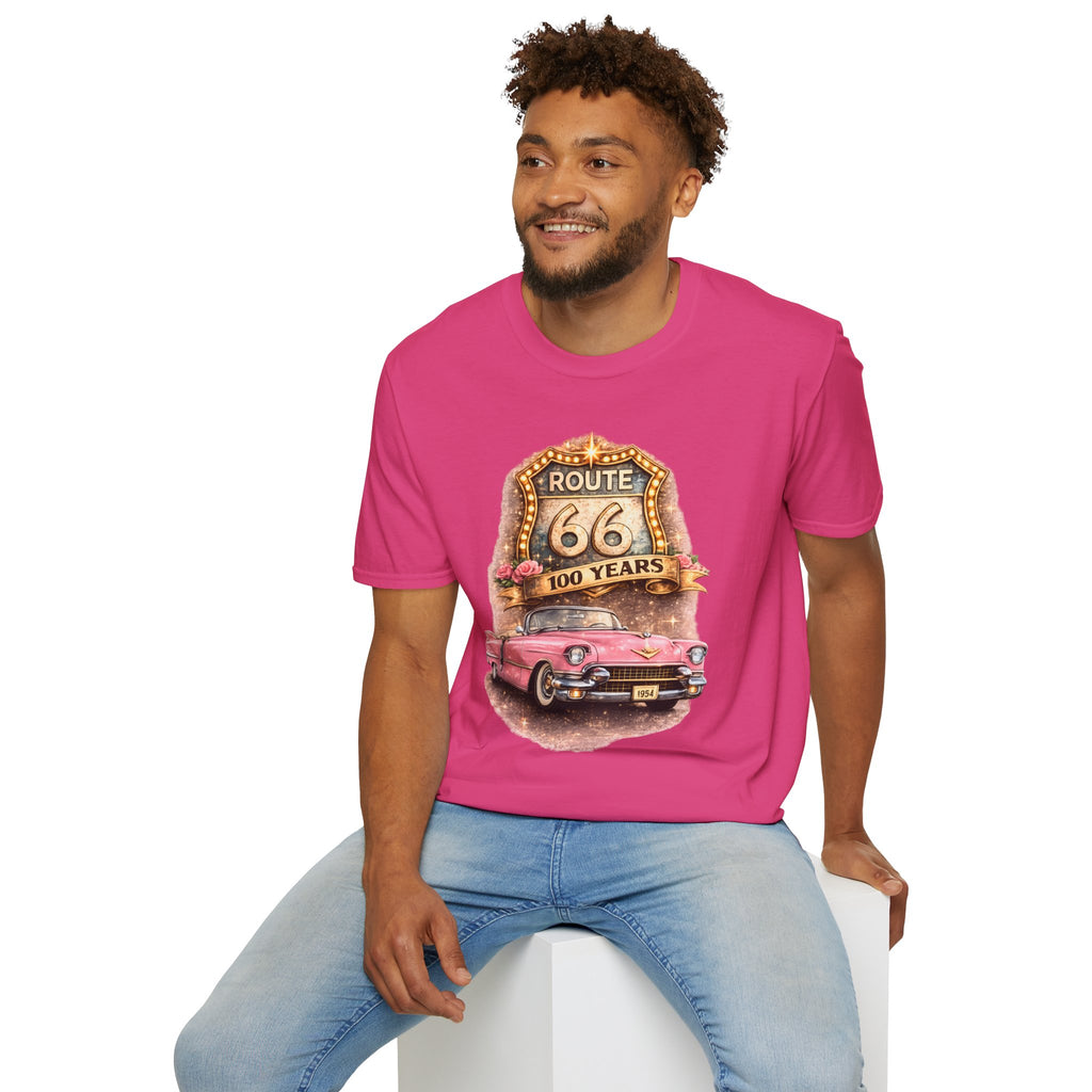 Route 66 100 Years Pink Classic Car T-Shirt | Vintage Road Trip Tee