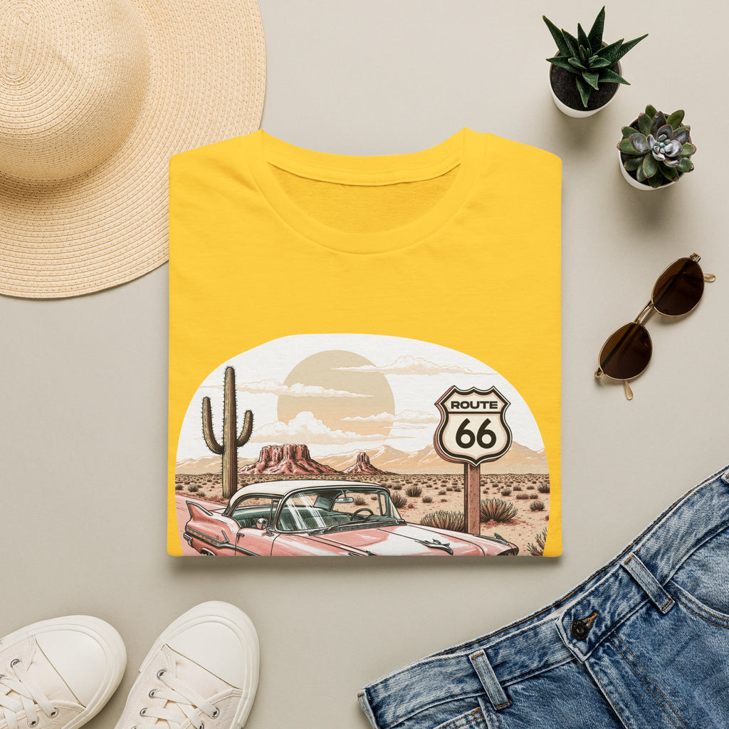 Retro Pink Classic Car Route 66 T-Shirt | Desert Cactus Vintage Roadtrip