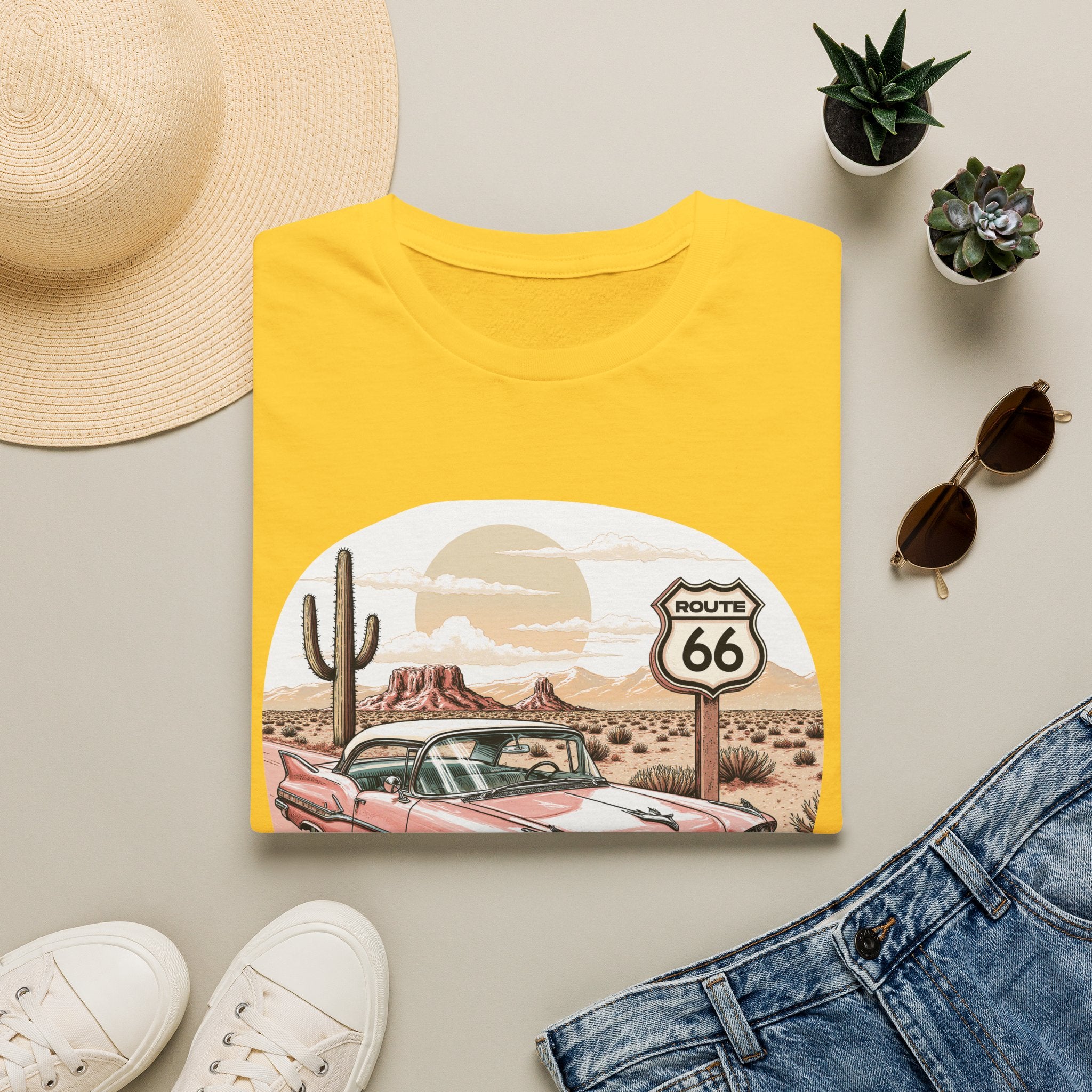 Retro Pink Classic Car Route 66 T-Shirt | Desert Cactus Vintage Roadtrip