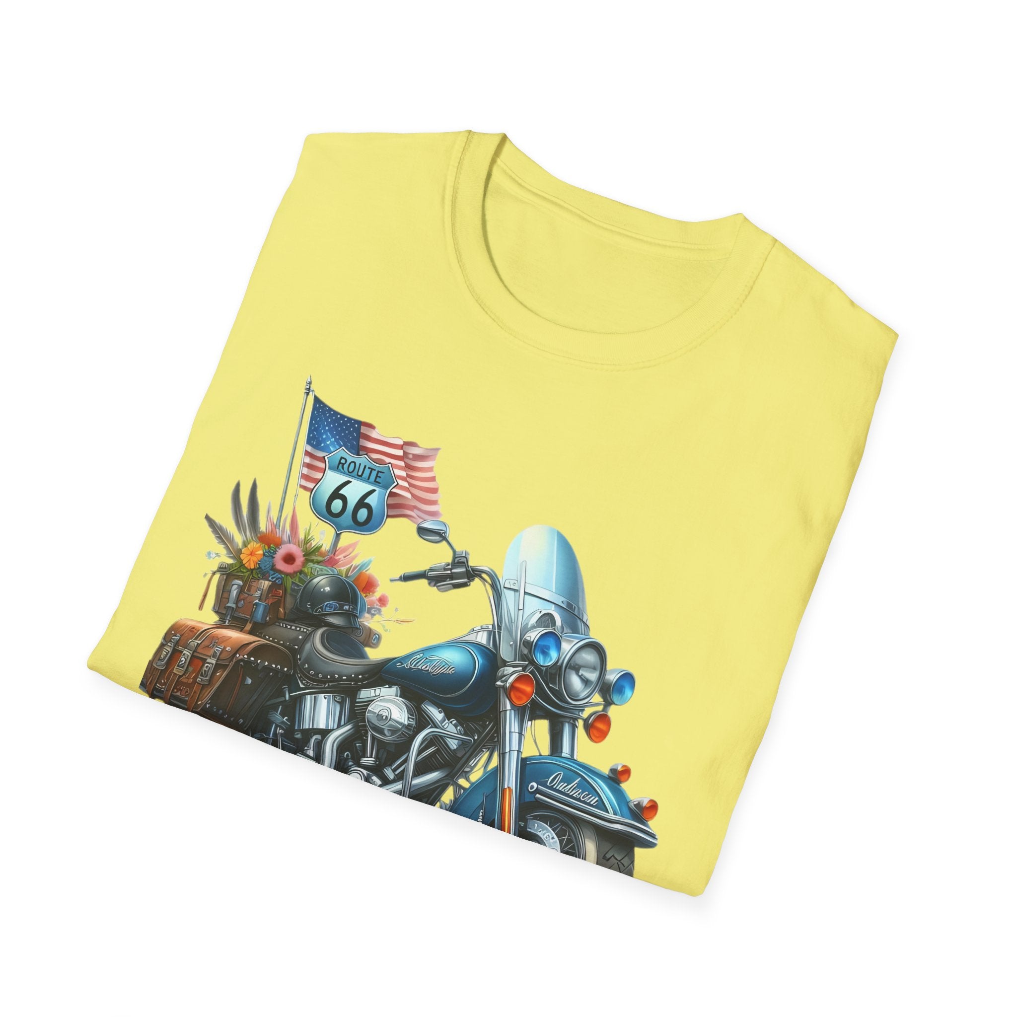 Route 66 Motorcycle Illustration T-Shirt | American Flag, Sunflowers