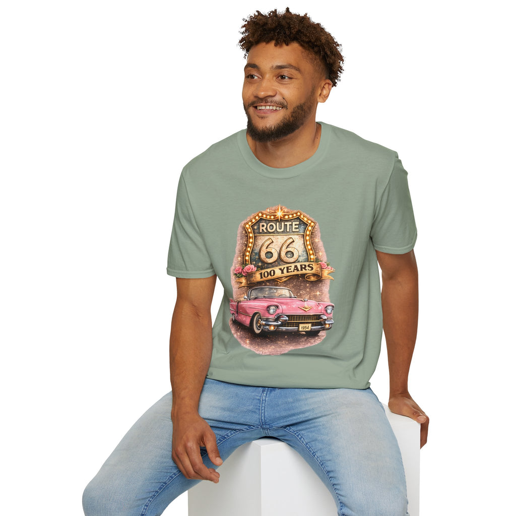 Route 66 100 Years Pink Classic Car T-Shirt | Vintage Road Trip Tee