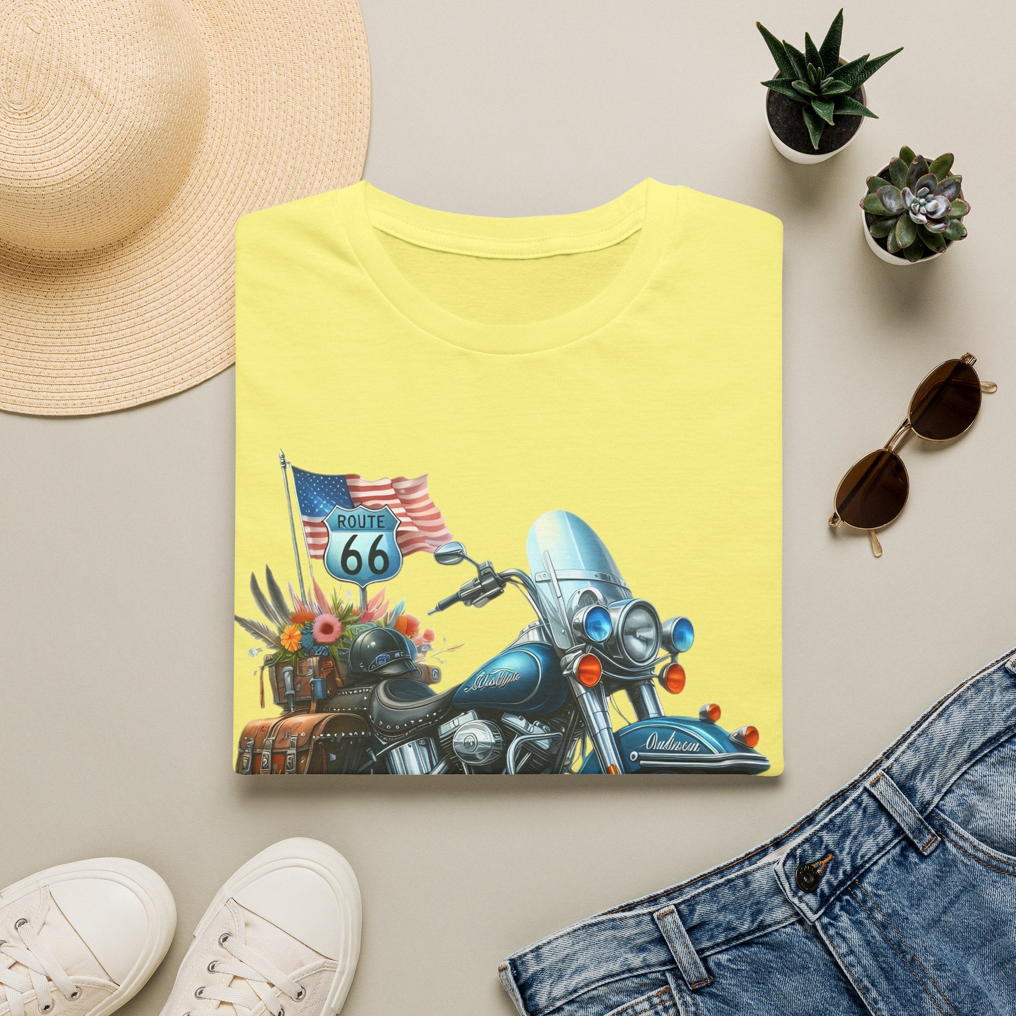 Route 66 Motorcycle Illustration T-Shirt | American Flag, Sunflowers