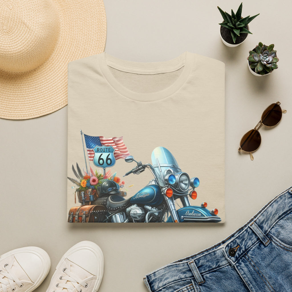Route 66 Motorcycle Illustration T-Shirt | American Flag, Sunflowers