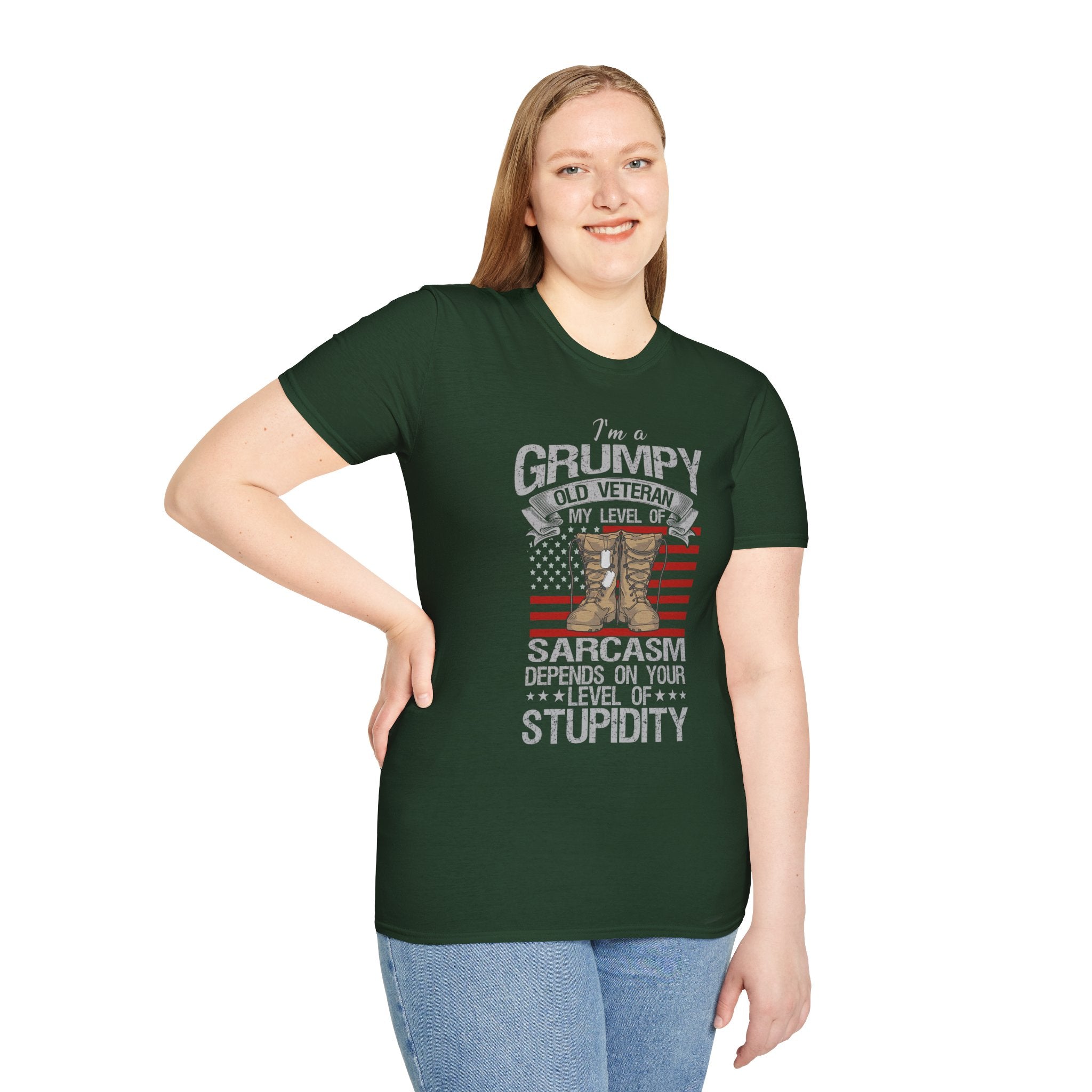 Grumpy Old Veteran Boots, T-Shirt | American Flag, Sarcasm Depends on Stupidity