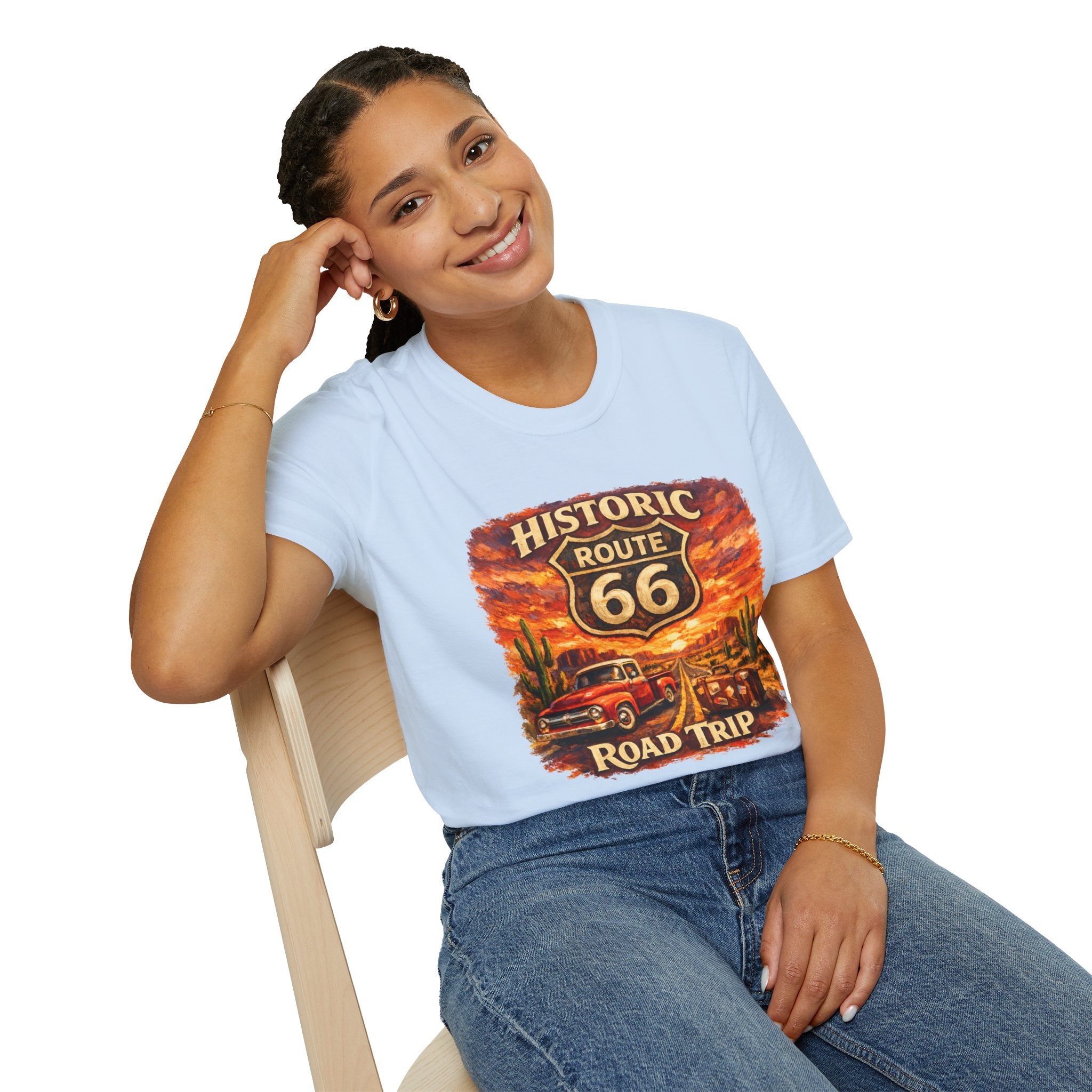 Historic Route 66 Road Trip T-Shirt | Vintage Car Desert Sunset