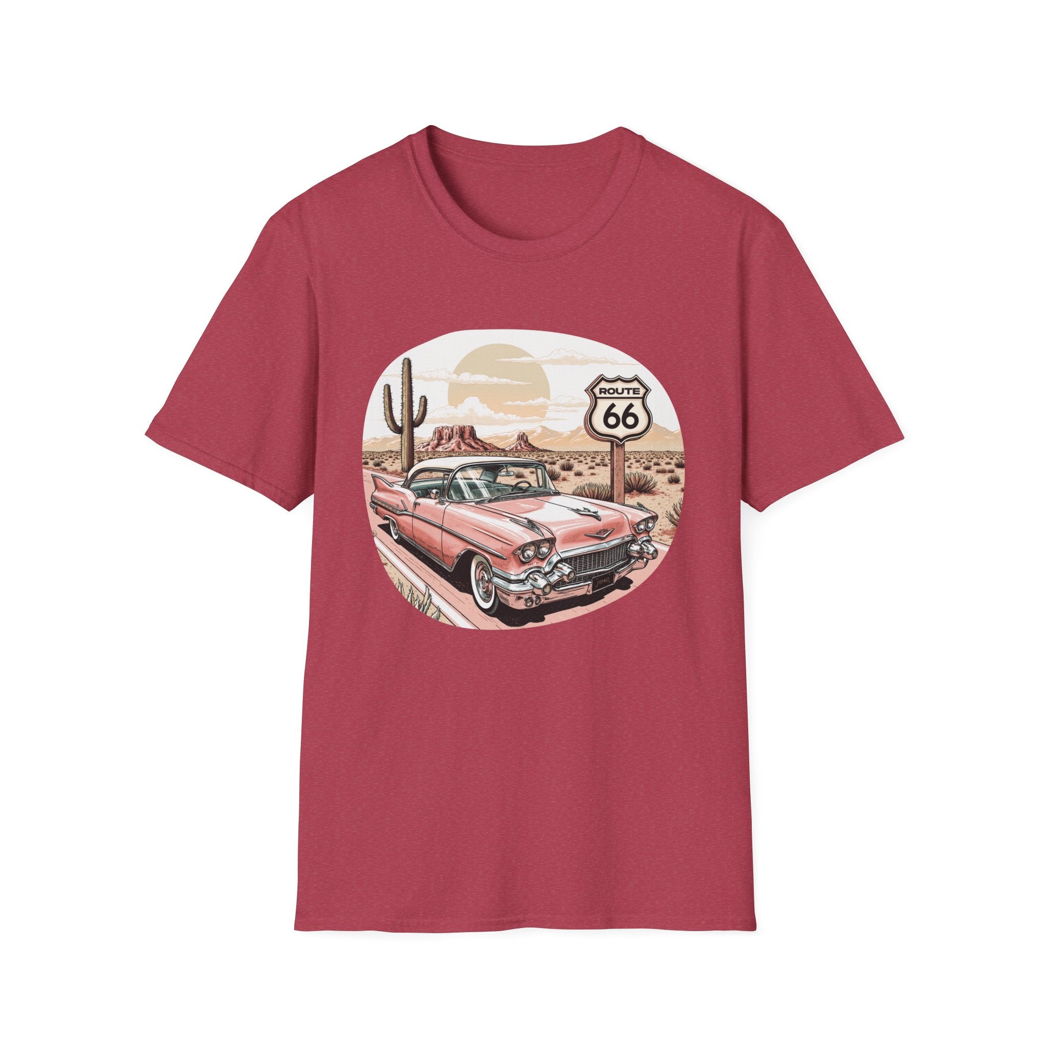 Retro Pink Classic Car Route 66 T-Shirt | Desert Cactus Vintage Roadtrip