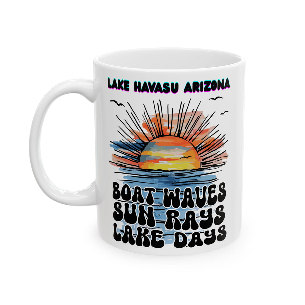 Lake Havasu Arizona Sunset Boat Waves Sun Rays Lake Days Mug | Retro Beach Sunrise Ceramic Mug