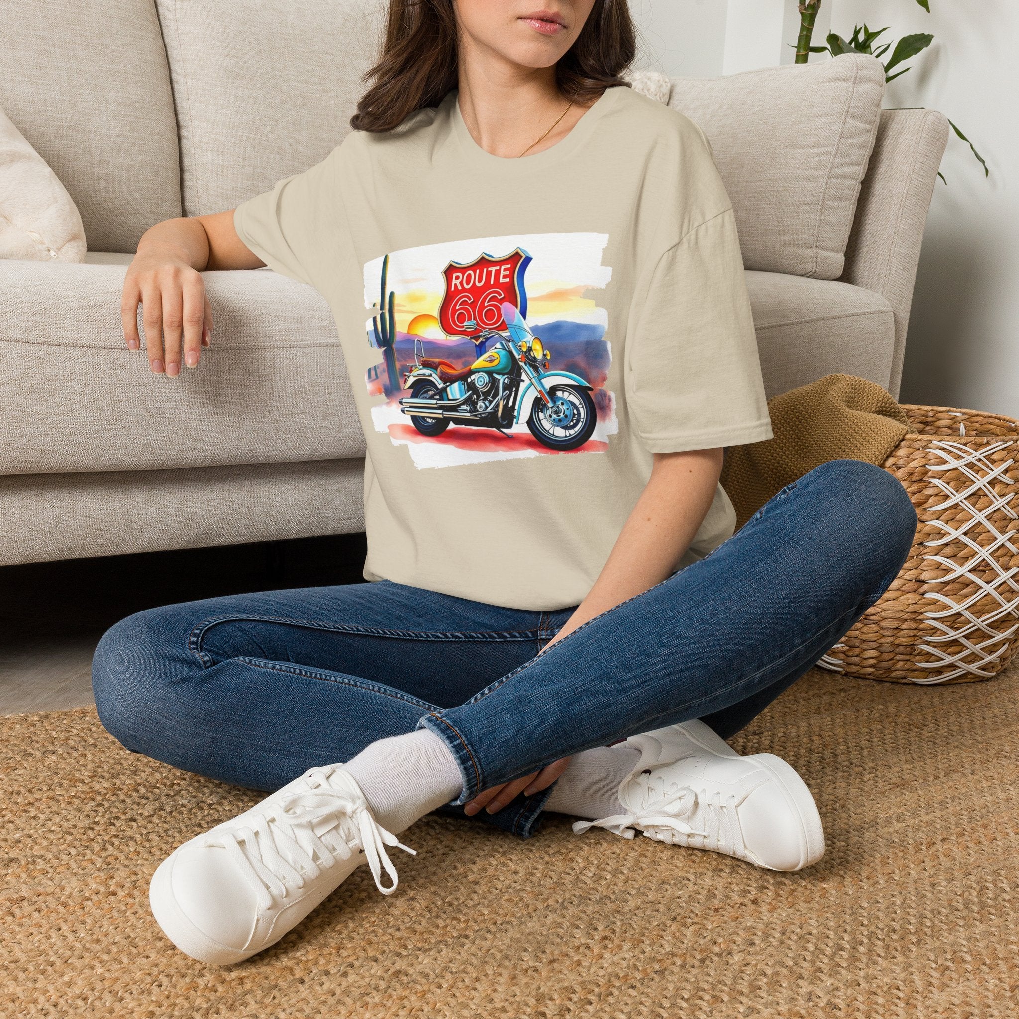 Route 66 Motorcycle T-Shirt | Desert Sunset Biker Graphic