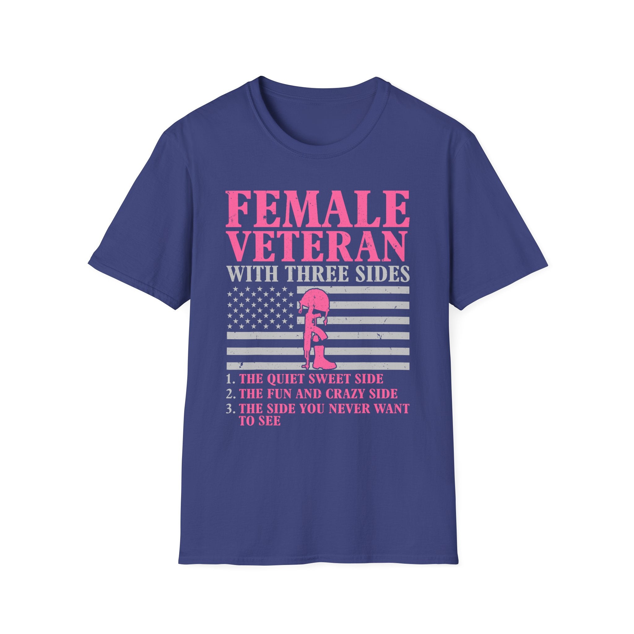 Female Veteran with Three Sides T-Shirt | American Flag, Pink Helmet, Military Pride