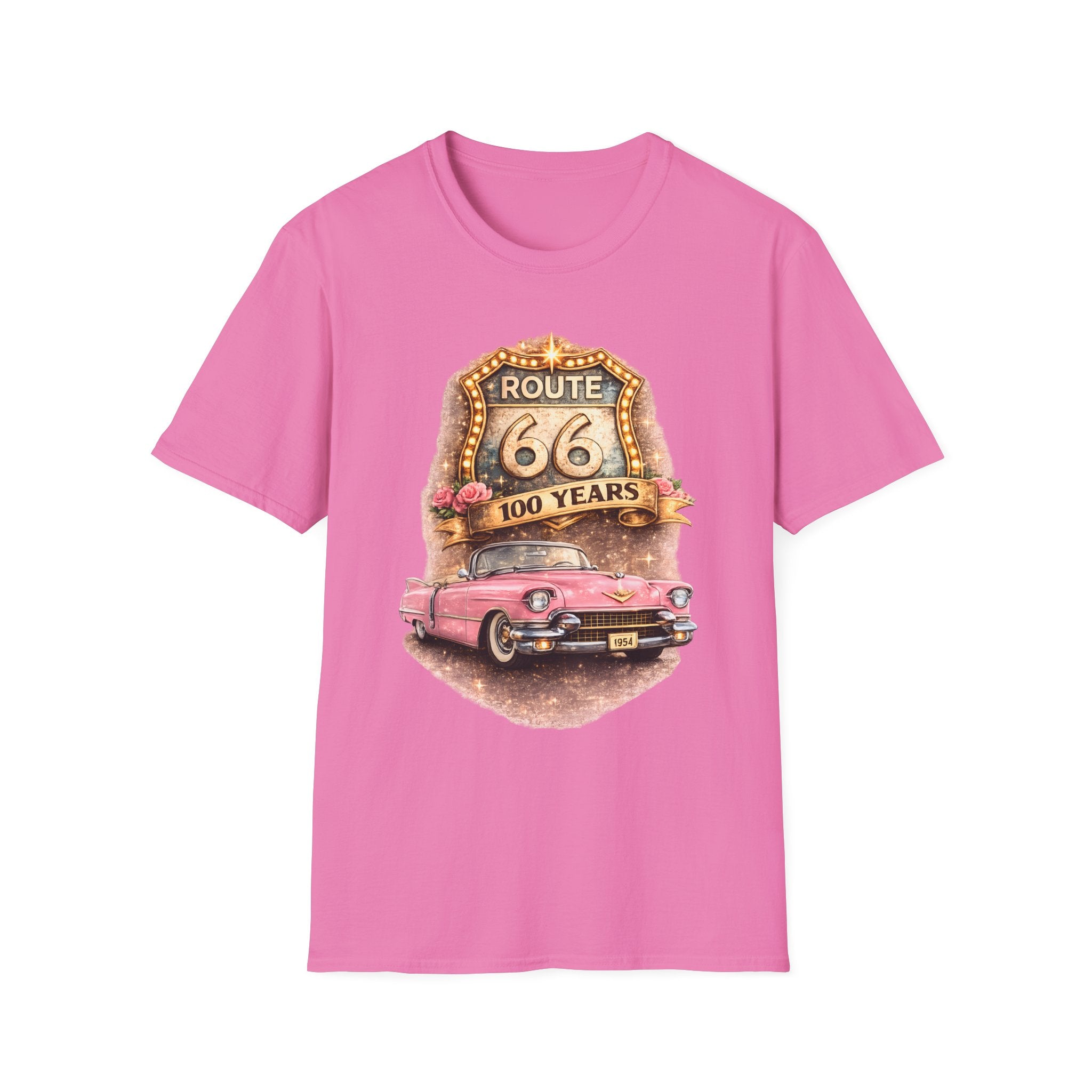 Route 66 100 Years Pink Classic Car T-Shirt | Vintage Road Trip Tee