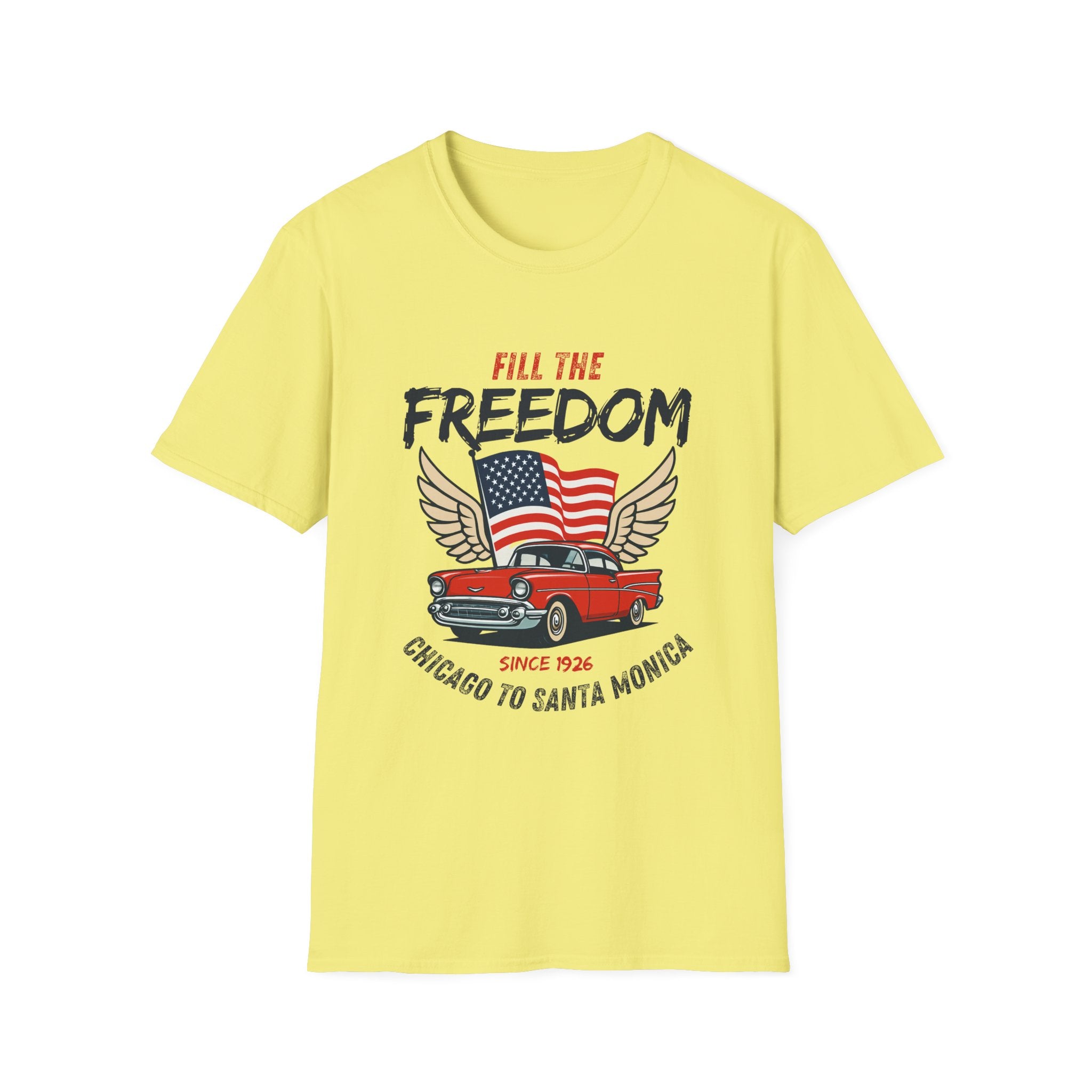 Fill the Freedom Vintage Car T-Shirt | American Flag Wings Chicago to Santa Monica