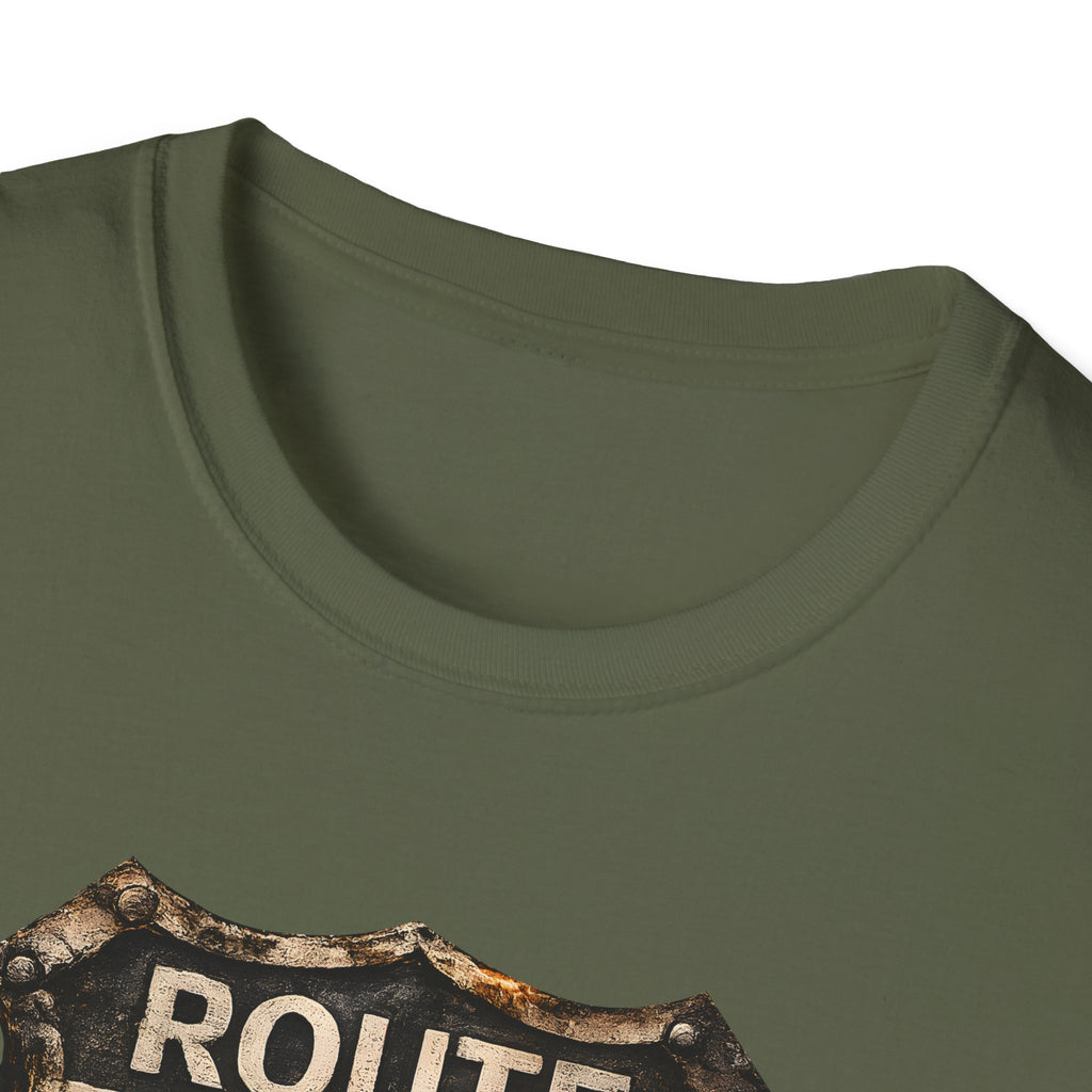 Route 66 Skull Badge T-Shirt | Ride the Legend, Winged Helmet Motorcycle Design