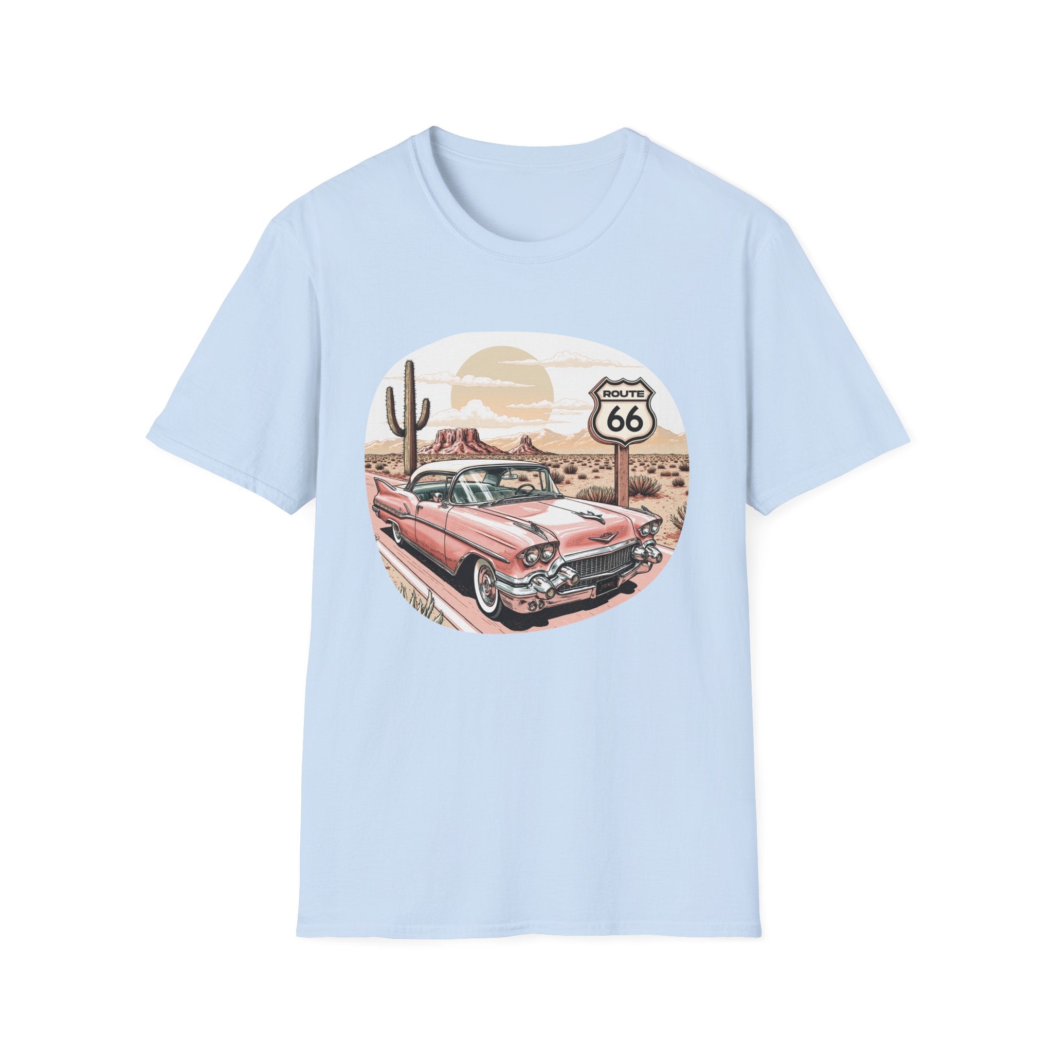 Retro Pink Classic Car Route 66 T-Shirt | Desert Cactus Vintage Roadtrip