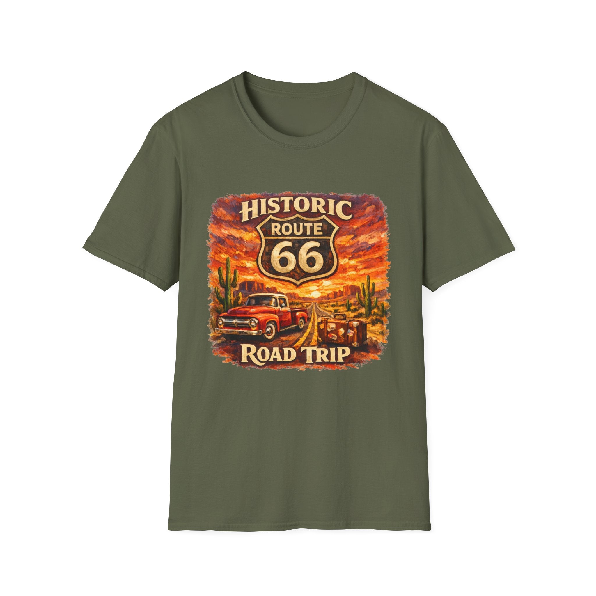Historic Route 66 Road Trip T-Shirt | Vintage Car Desert Sunset