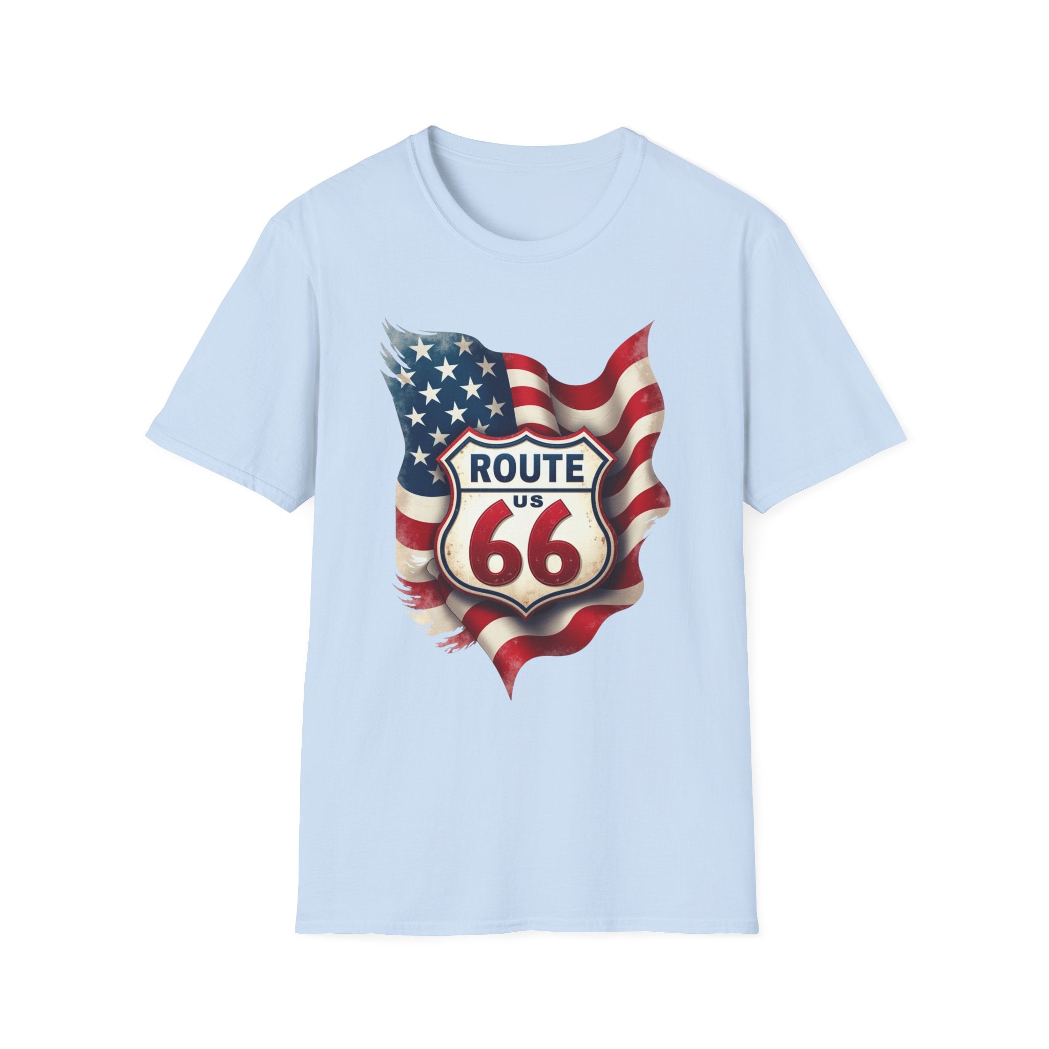 Route 66 Shield with American Flag T-Shirt | Vintage Road Trip Tee