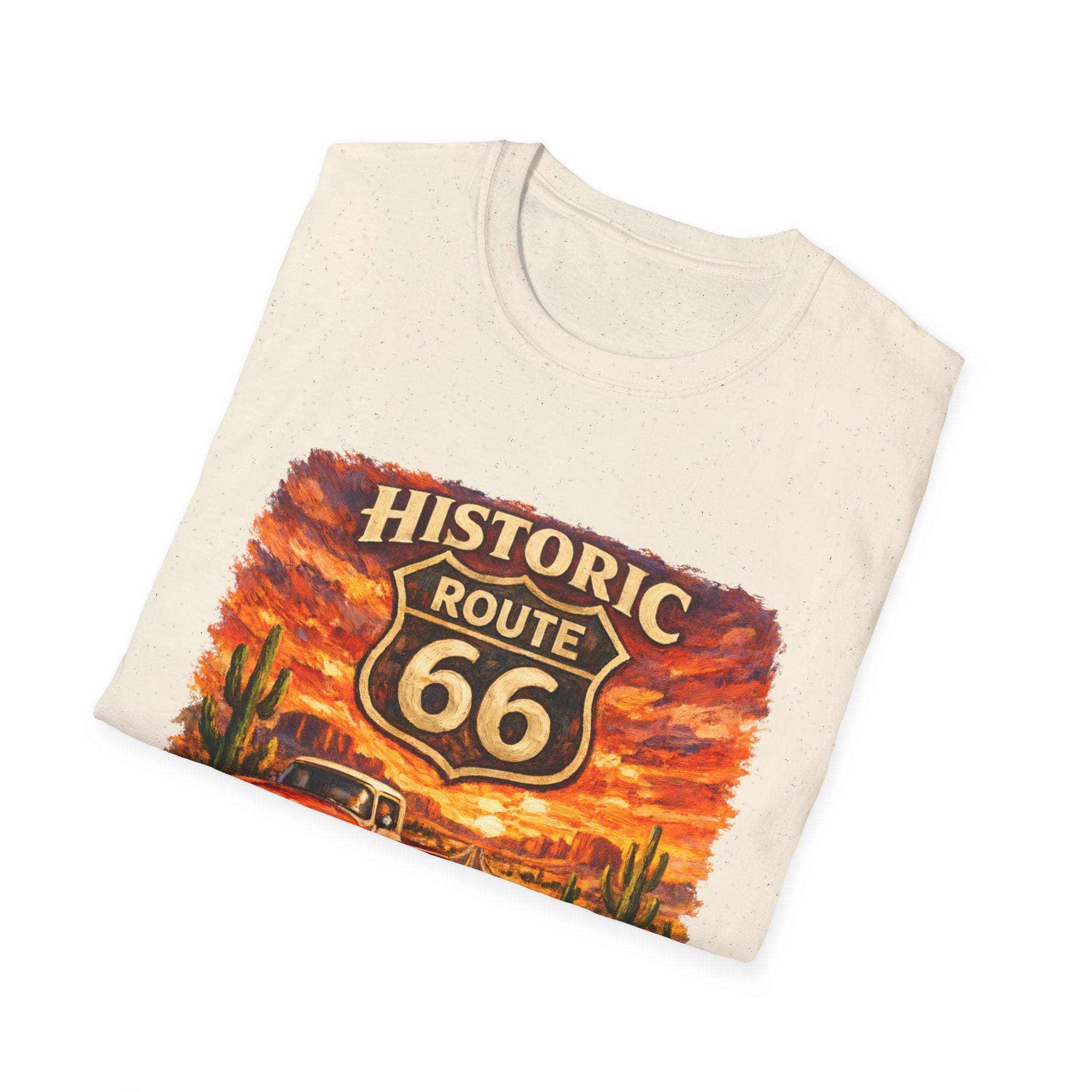 Historic Route 66 Road Trip T-Shirt | Vintage Car Desert Sunset