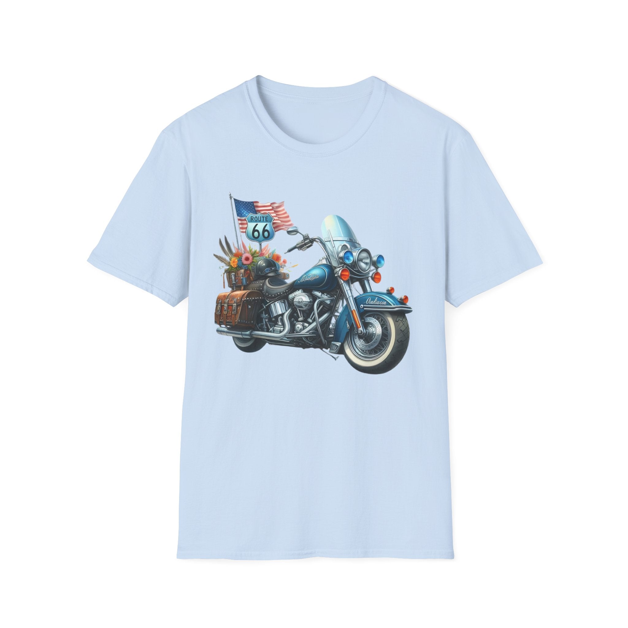 Route 66 Motorcycle Illustration T-Shirt | American Flag, Sunflowers